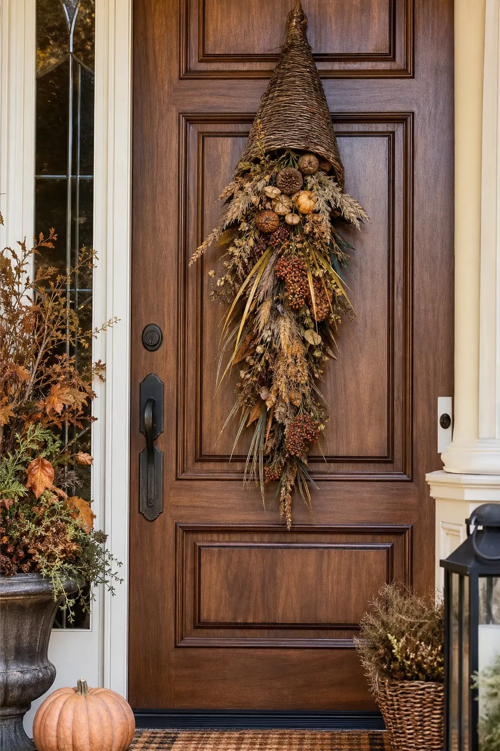 Dried Floral Cornucopia Hung Instead of a Round Wreath