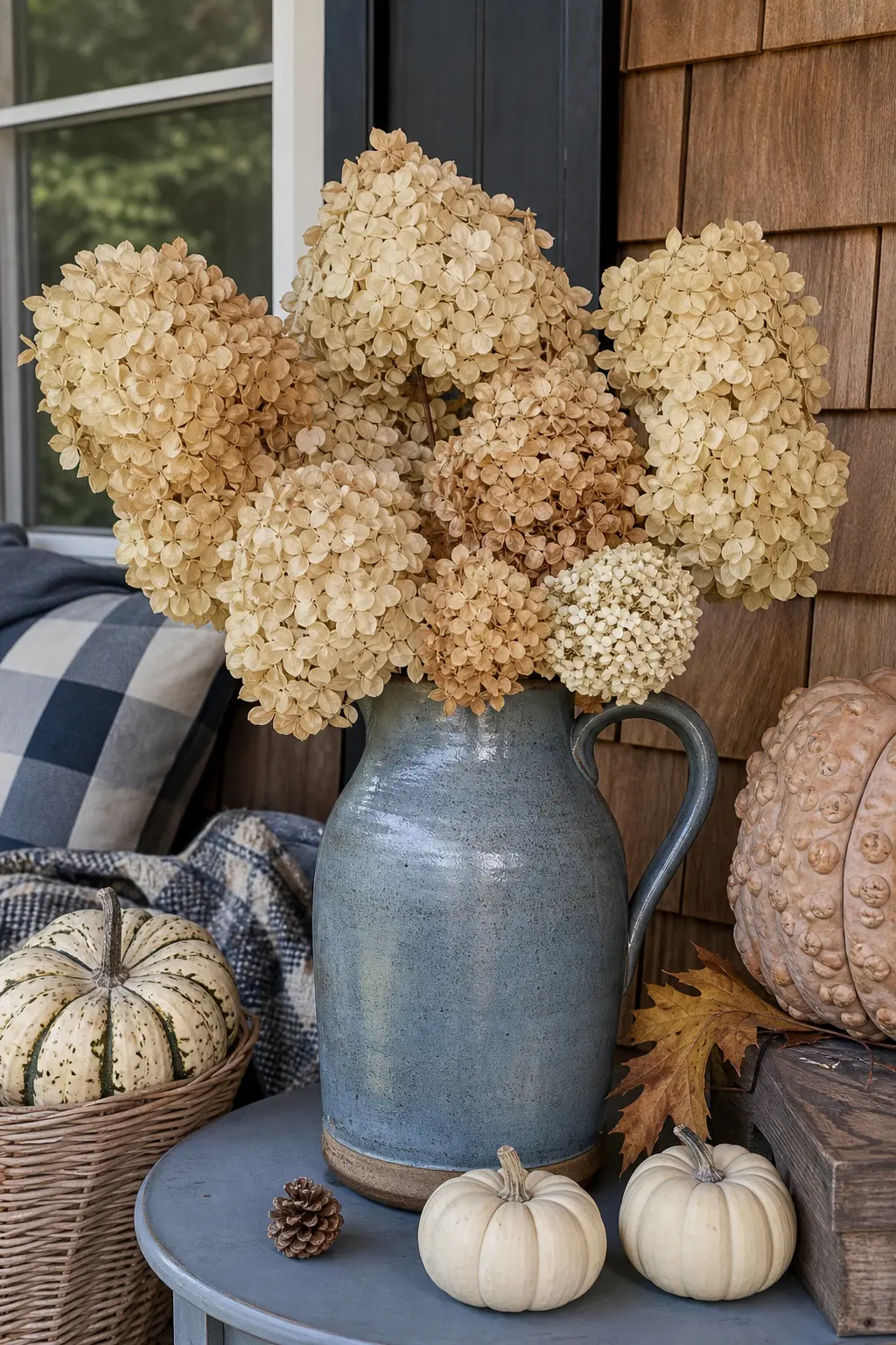 Dried Hydrangea in a Stoneware Pitcher