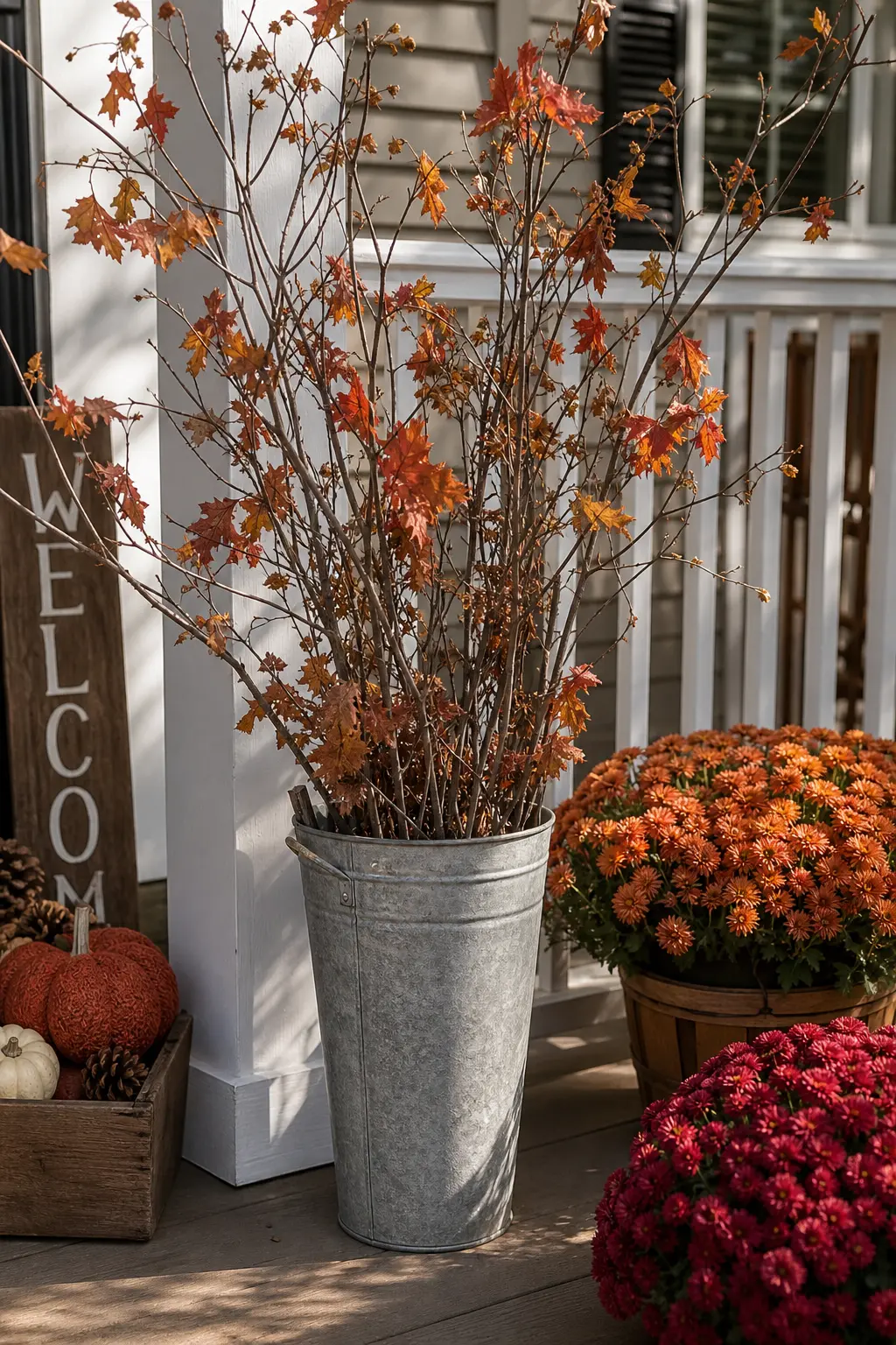 Galvanized Bucket of Branches by the Railing
