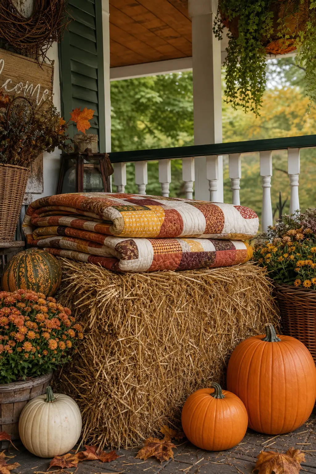 Hay Bale Seating with a Folded Quilt on Top