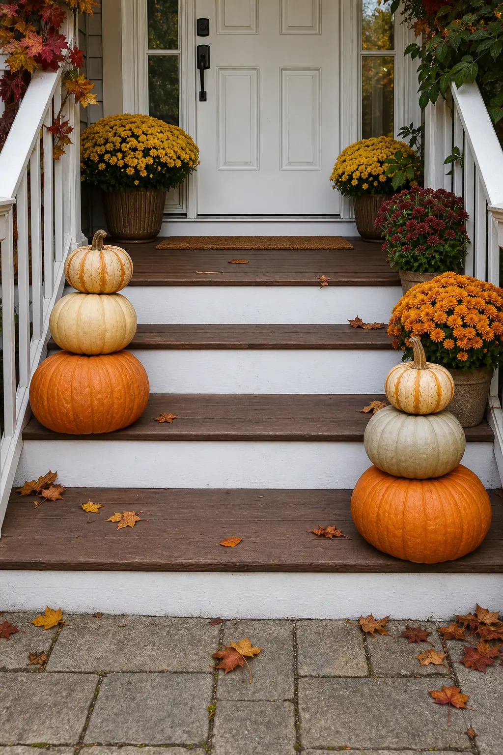 Layered Pumpkins in Graduated Sizes Flanking the Steps