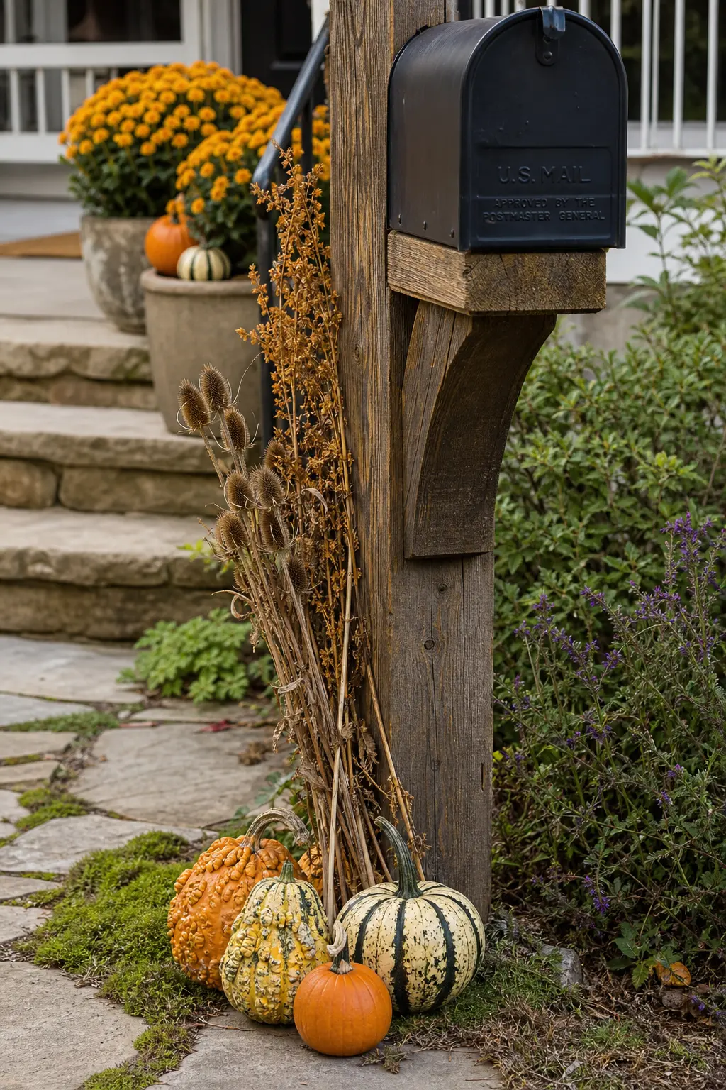 Mailbox Base Decorated with a Small Gourd Cluster and Dried Stems