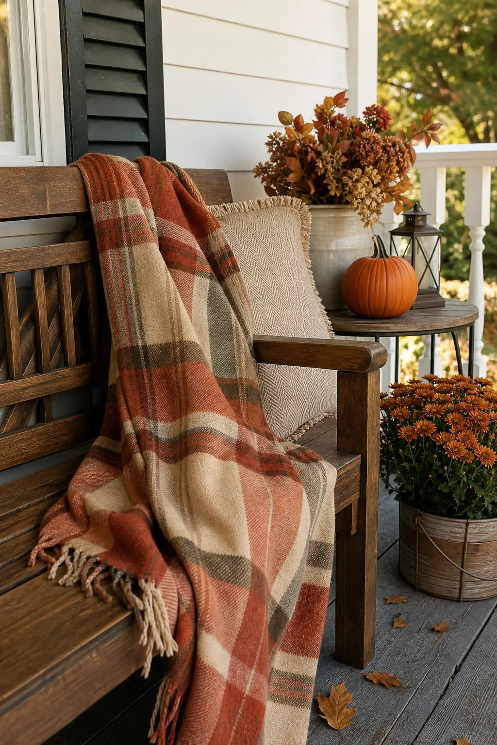 Plaid Blanket Draped Over the Porch Bench