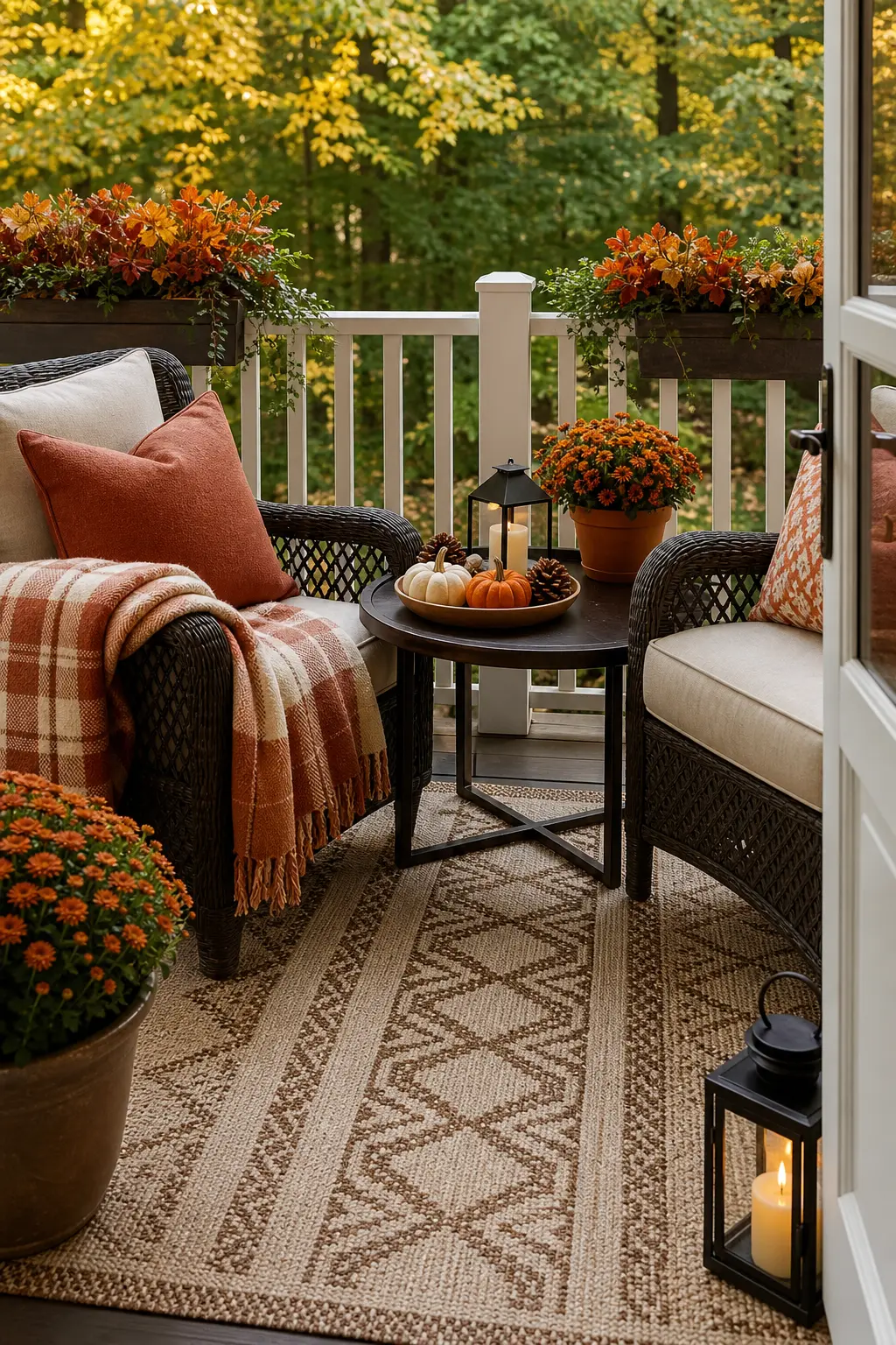 Porch Treated as a Room with a Rug Anchoring the Seating Area