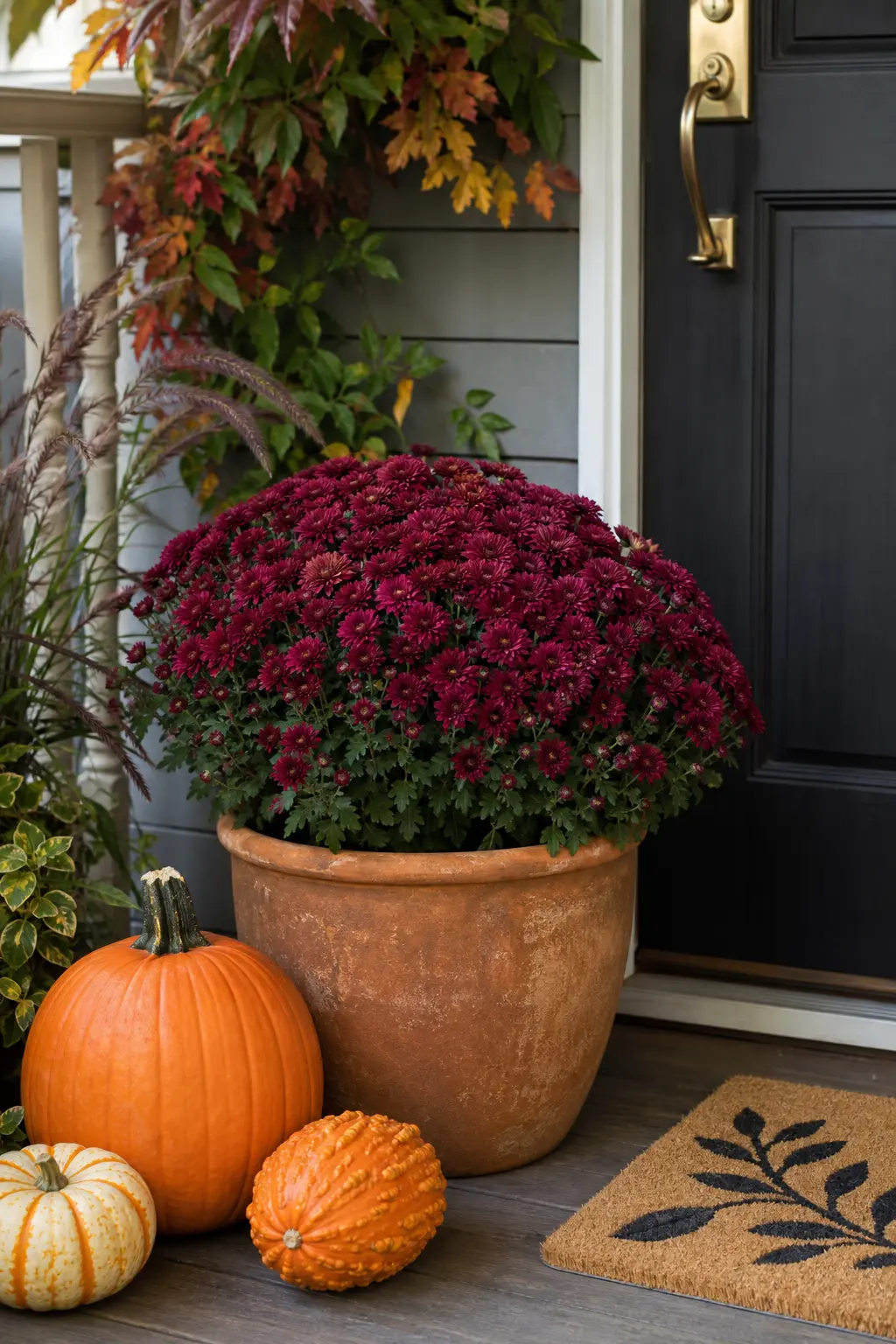 Potted Mums in Burgundy Instead of the Usual Bright Yellow