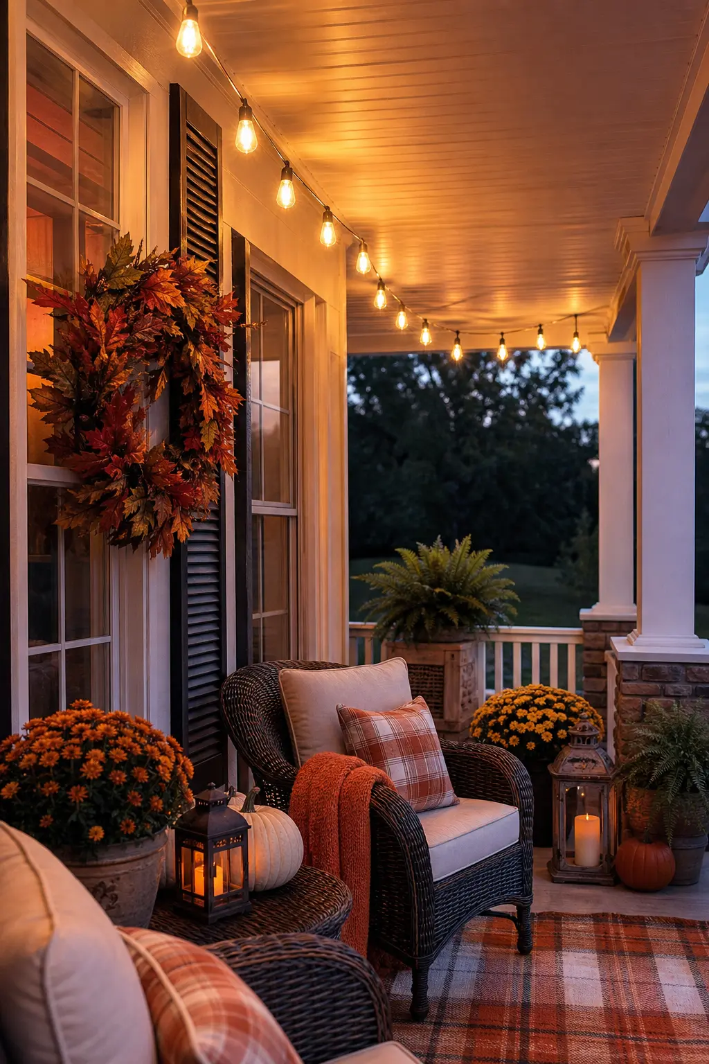 String of Warm Bulb Lights Along the Porch Roofline
