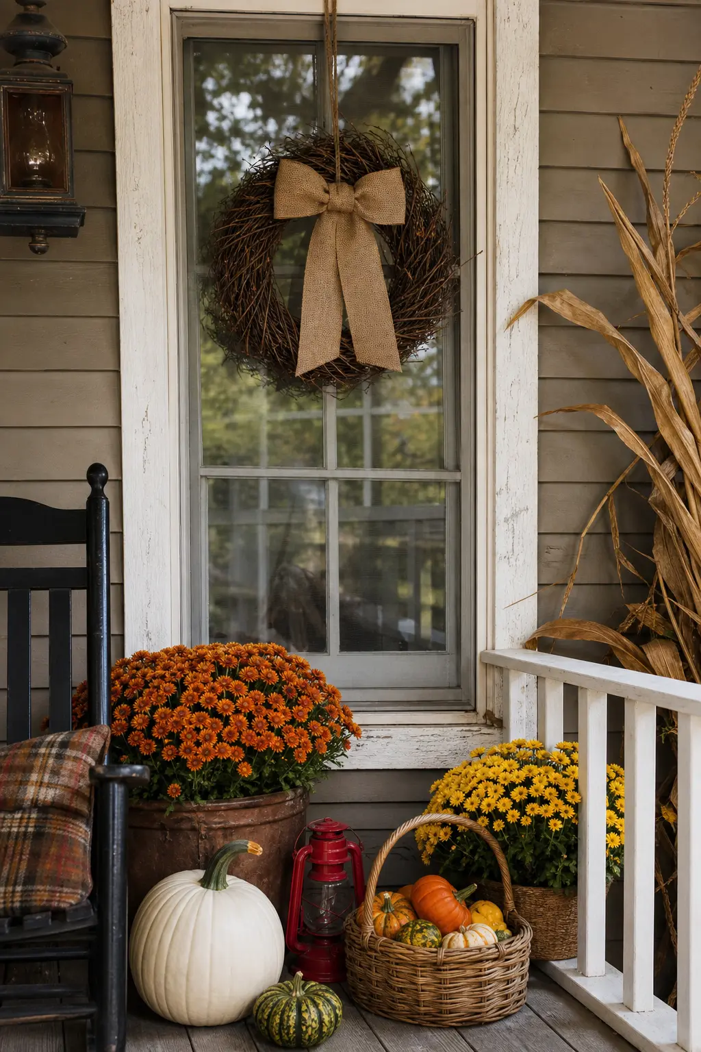 Twig Wreath with a Burlap Bow on a Side Window