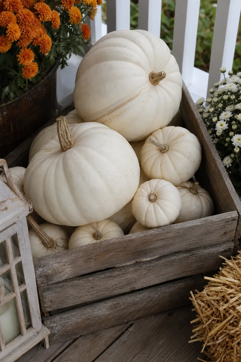 Wooden Crate Stacked with White Pumpkins
