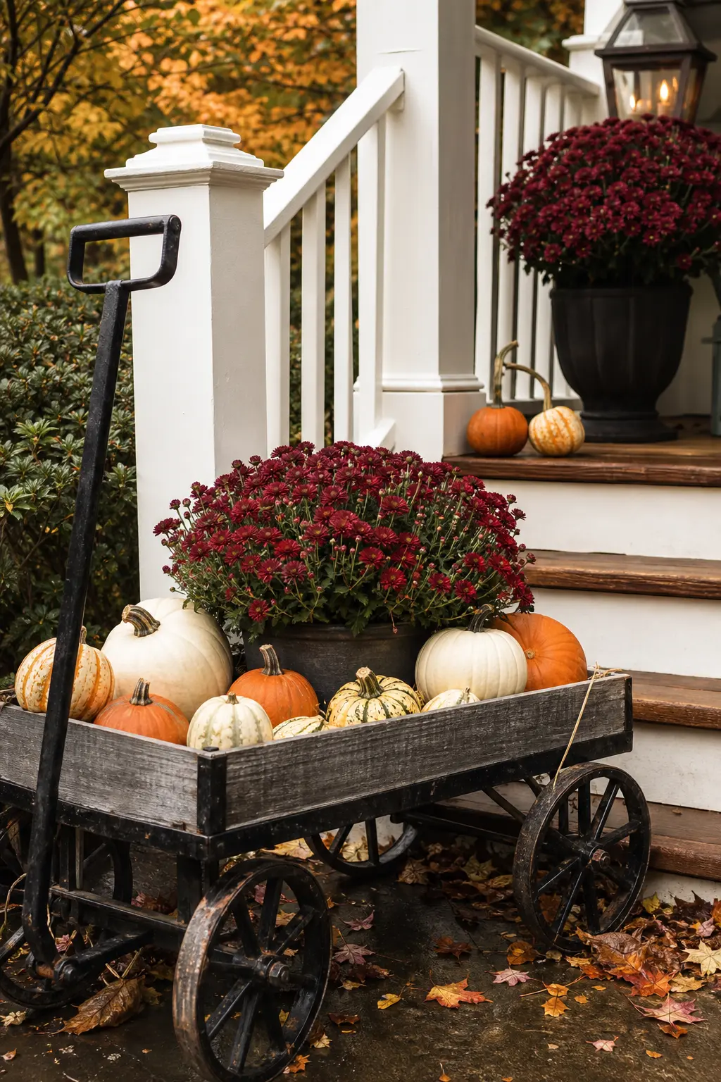 Wooden Wagon Parked at the Base of the Steps Holding Pumpkins and Mums