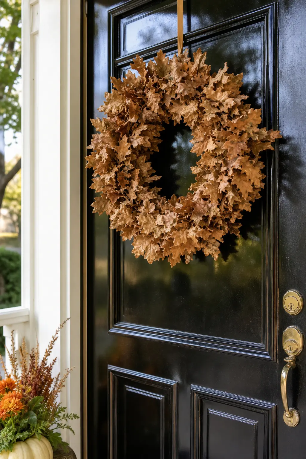 Wreath of Dried Oak Leaves on the Door