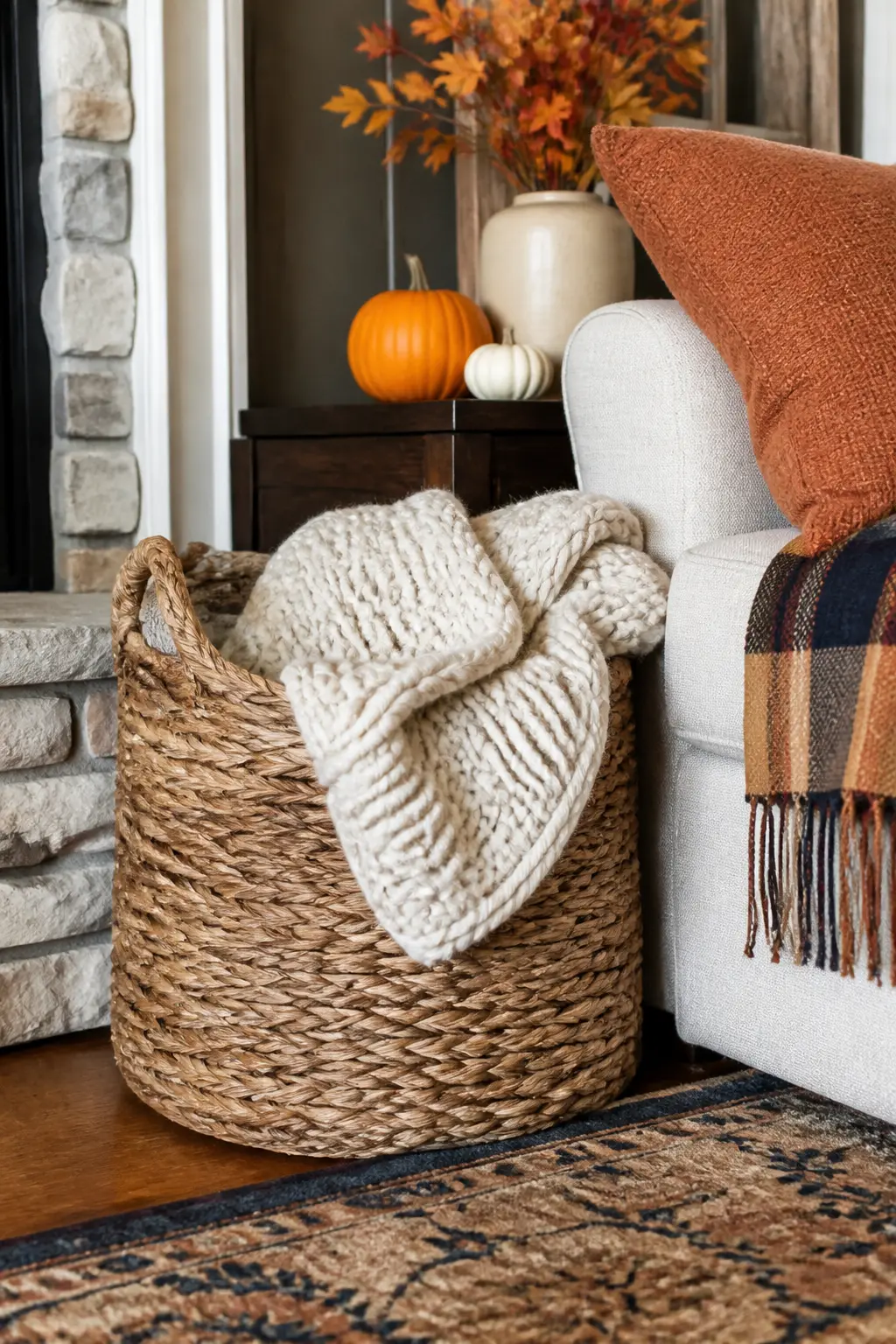 Add a Woven Basket for Blanket Storage in the Corner