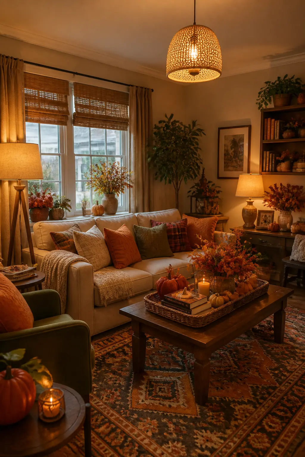 Layered Lighting at Three Heights: Floor, Table, and Ceiling
