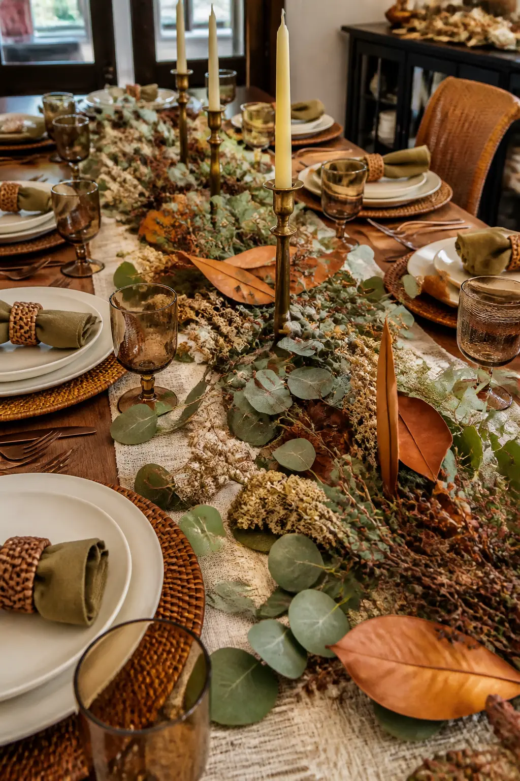 Dried Eucalyptus and Flat Botanicals Mixed Along the Center