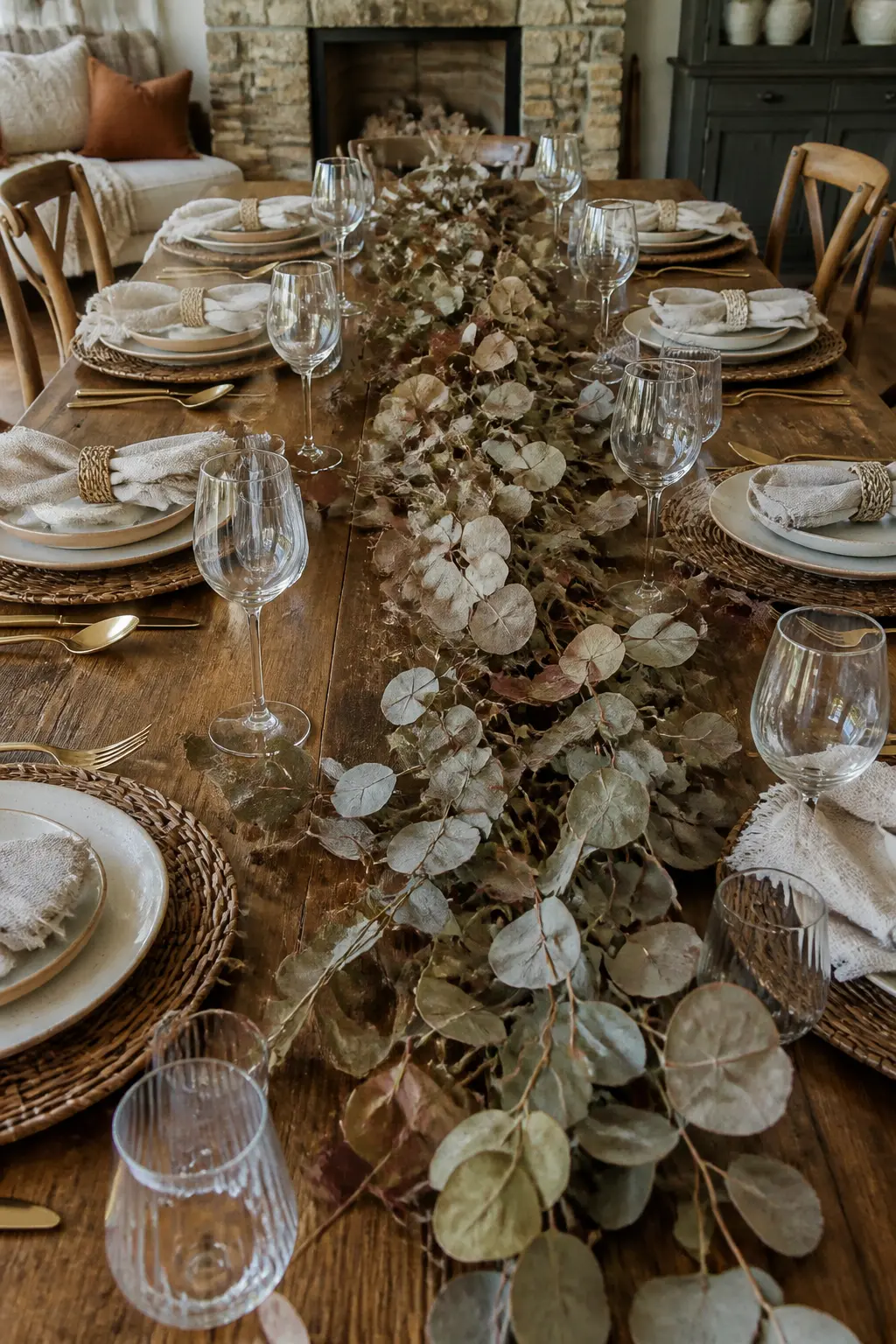 Dried Eucalyptus Laid Flat Down the Table Center