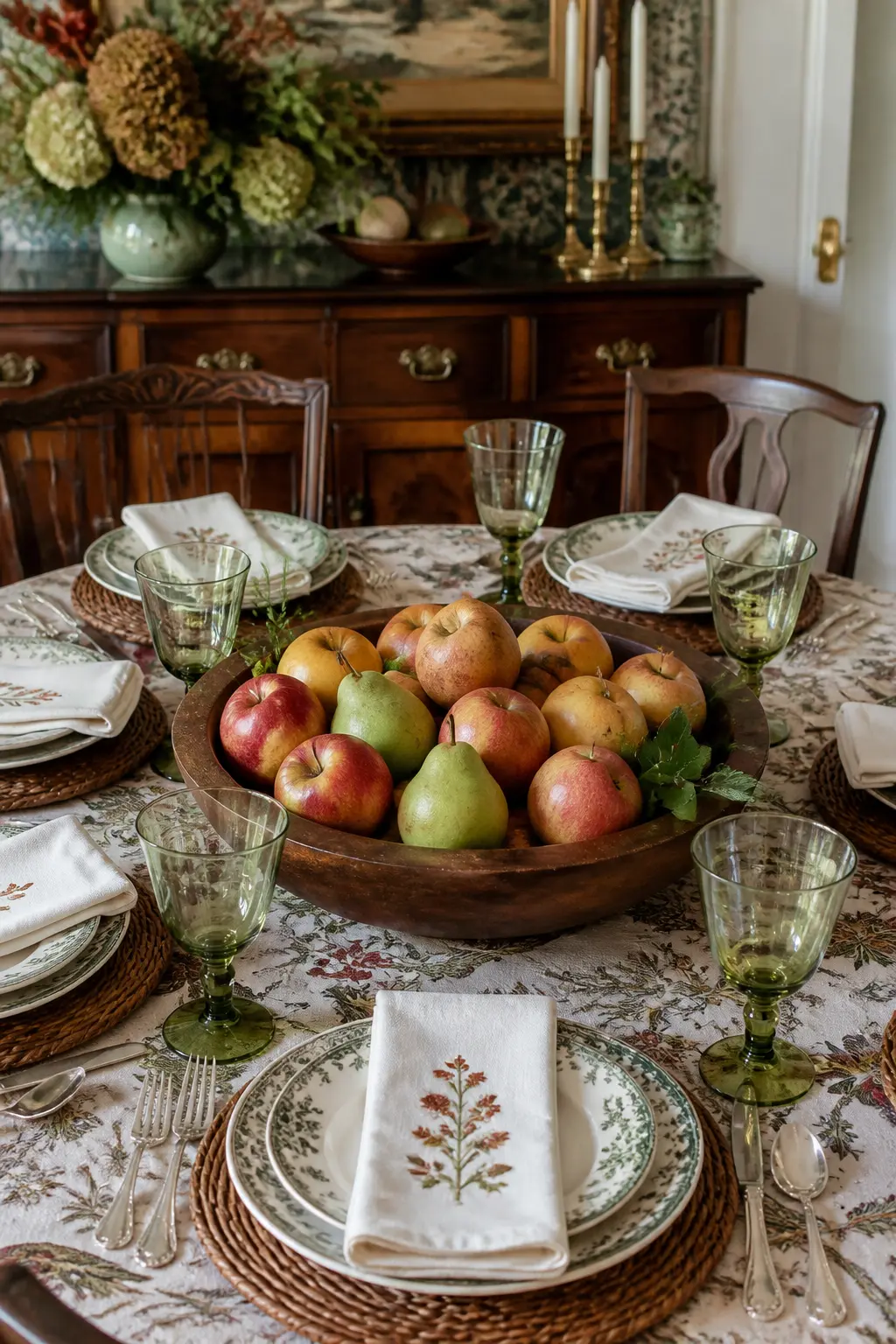 Low Bowl of Apples and Pears as the Centerpiece