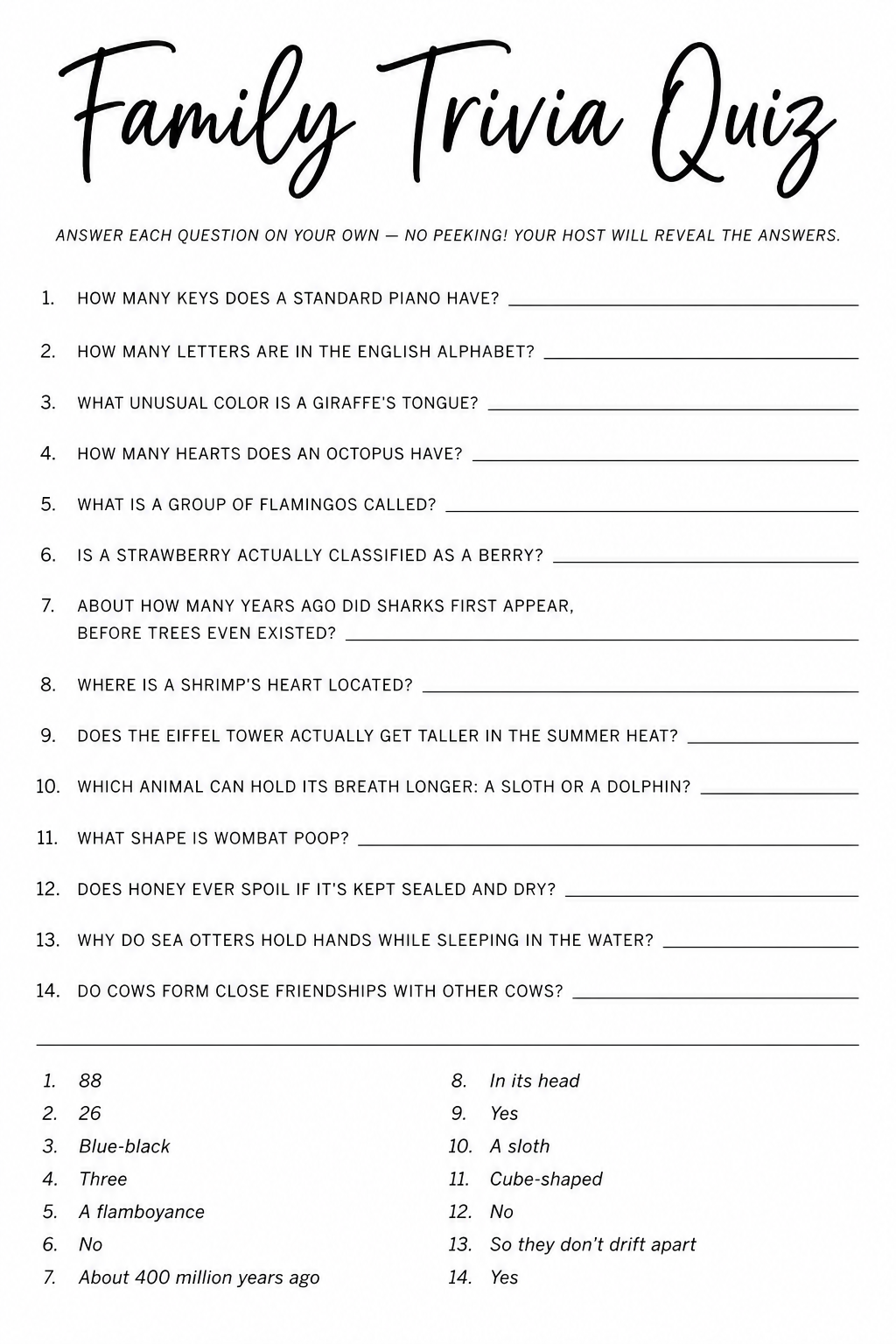 Family Trivia Quiz printable