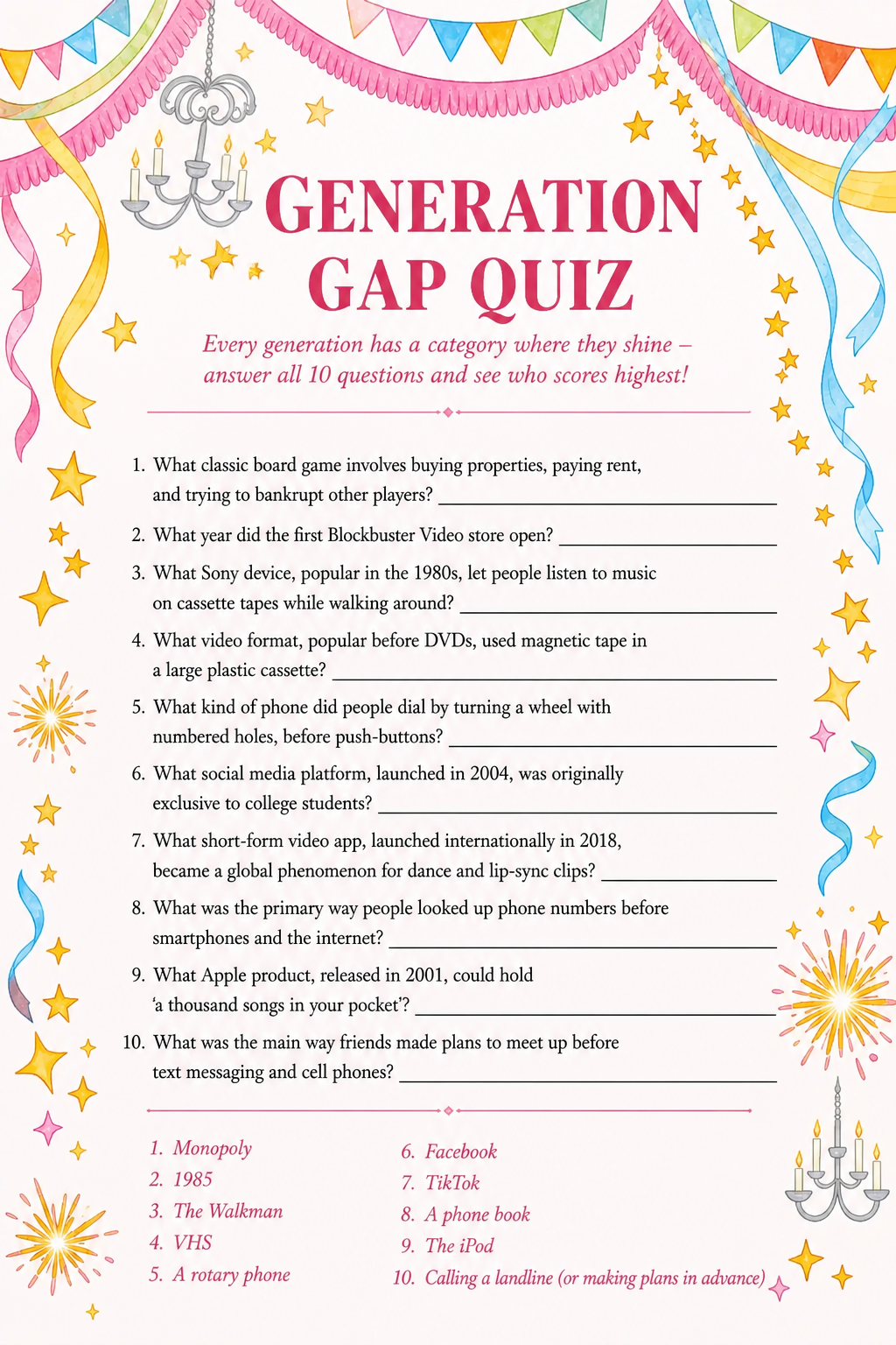 Generation Gap Quiz printable