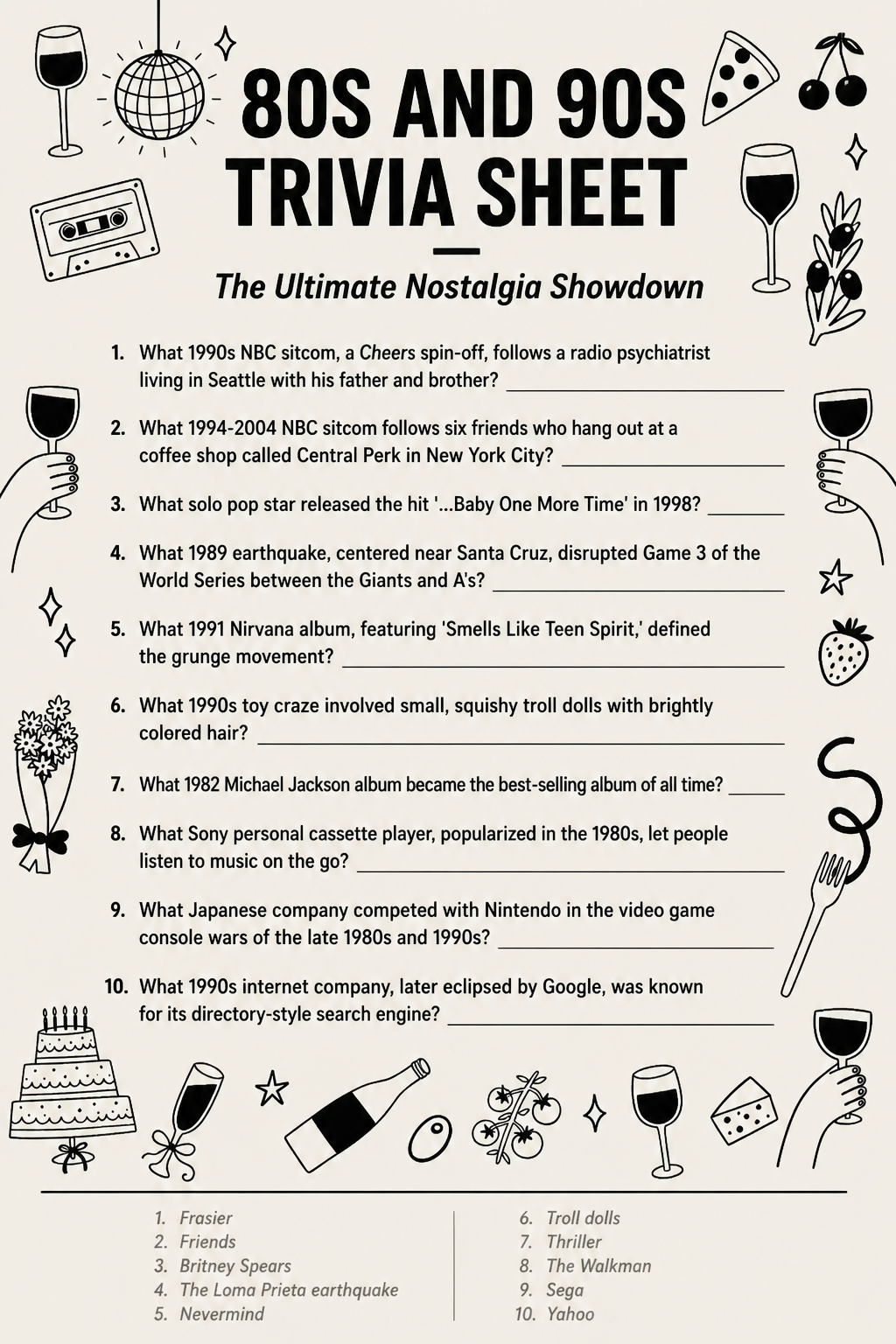 80s and 90s Trivia Sheet printable