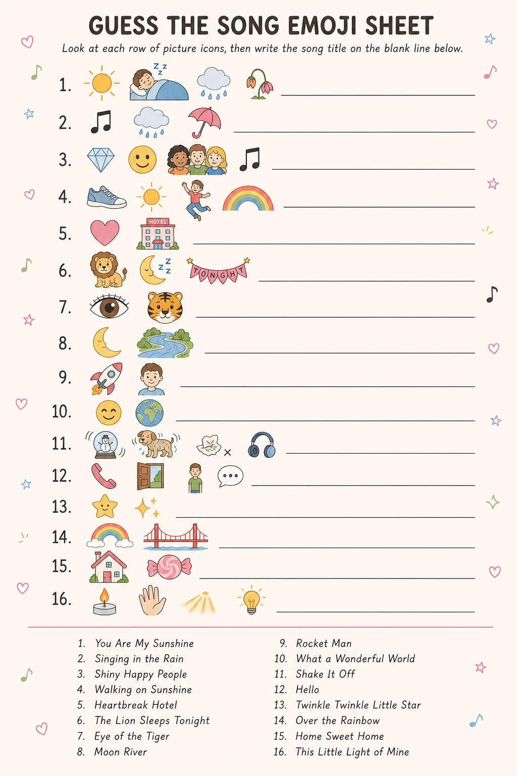 Guess the Song Emoji Sheet printable