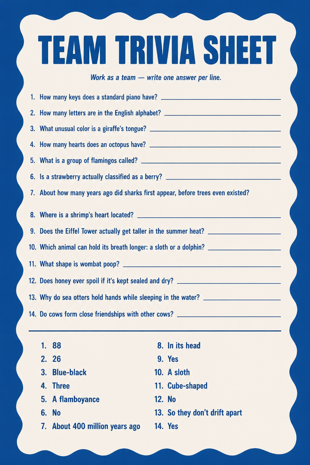 Team Trivia Sheet printable
