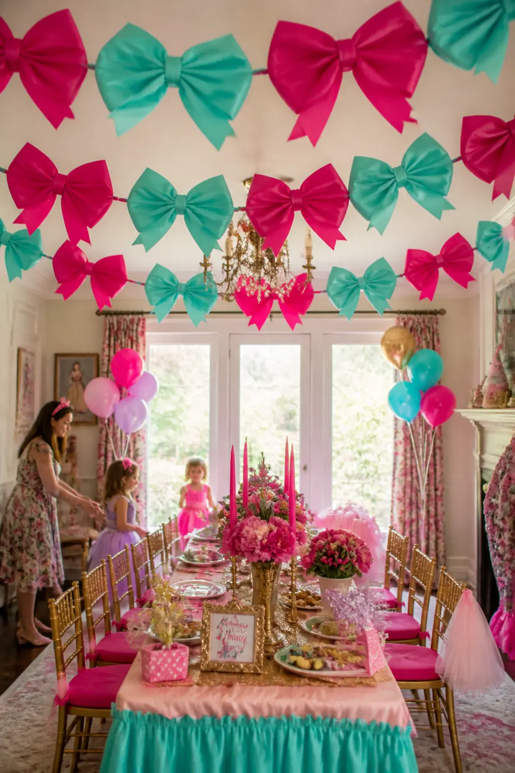 Bow Garland Canopy — Oversized paper bows cut from hot-pink and aqua card stock and threaded onto a ribbon create a canopy garland that is unmistakably Fancy