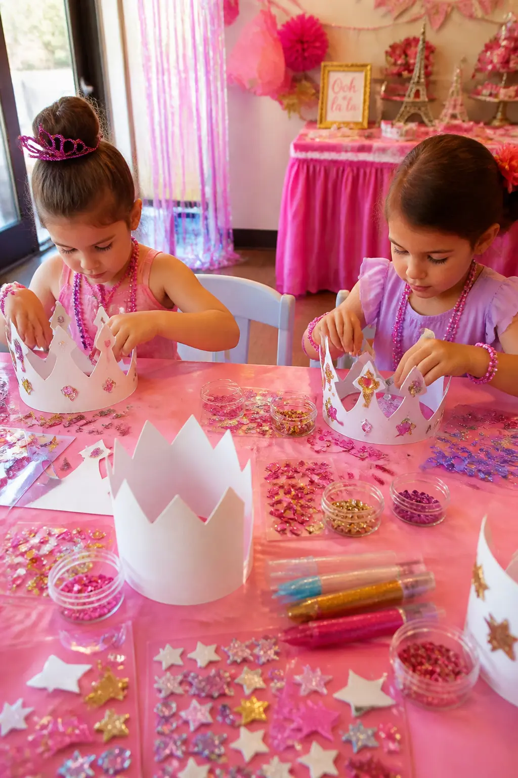 Crown Decorating Station — Set out a row of plain card-stock crowns with a selection of adhesive gems, glitter glue pens, foam stickers and lengths of ribbon