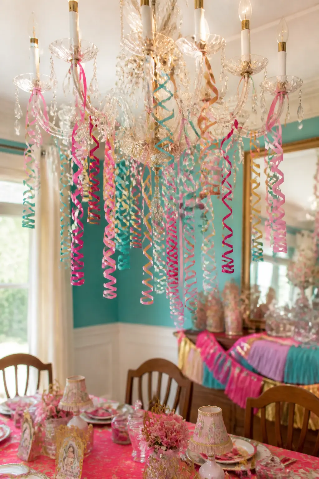 Curling Ribbon Chandelier Drop — Tie long lengths of curling ribbon in pink, gold and aqua to the arms of an existing chandelier and curl each end with