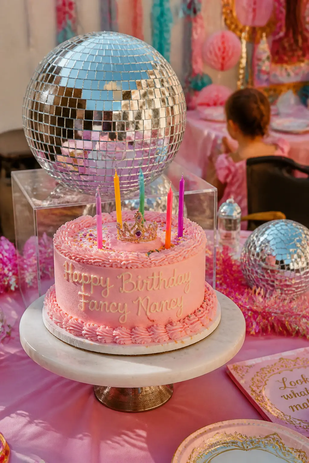 Disco Ball Cake Table Moment — A mirror disco ball sitting directly on the cake table behind the main cake catches every candle flame and every camera flash.
