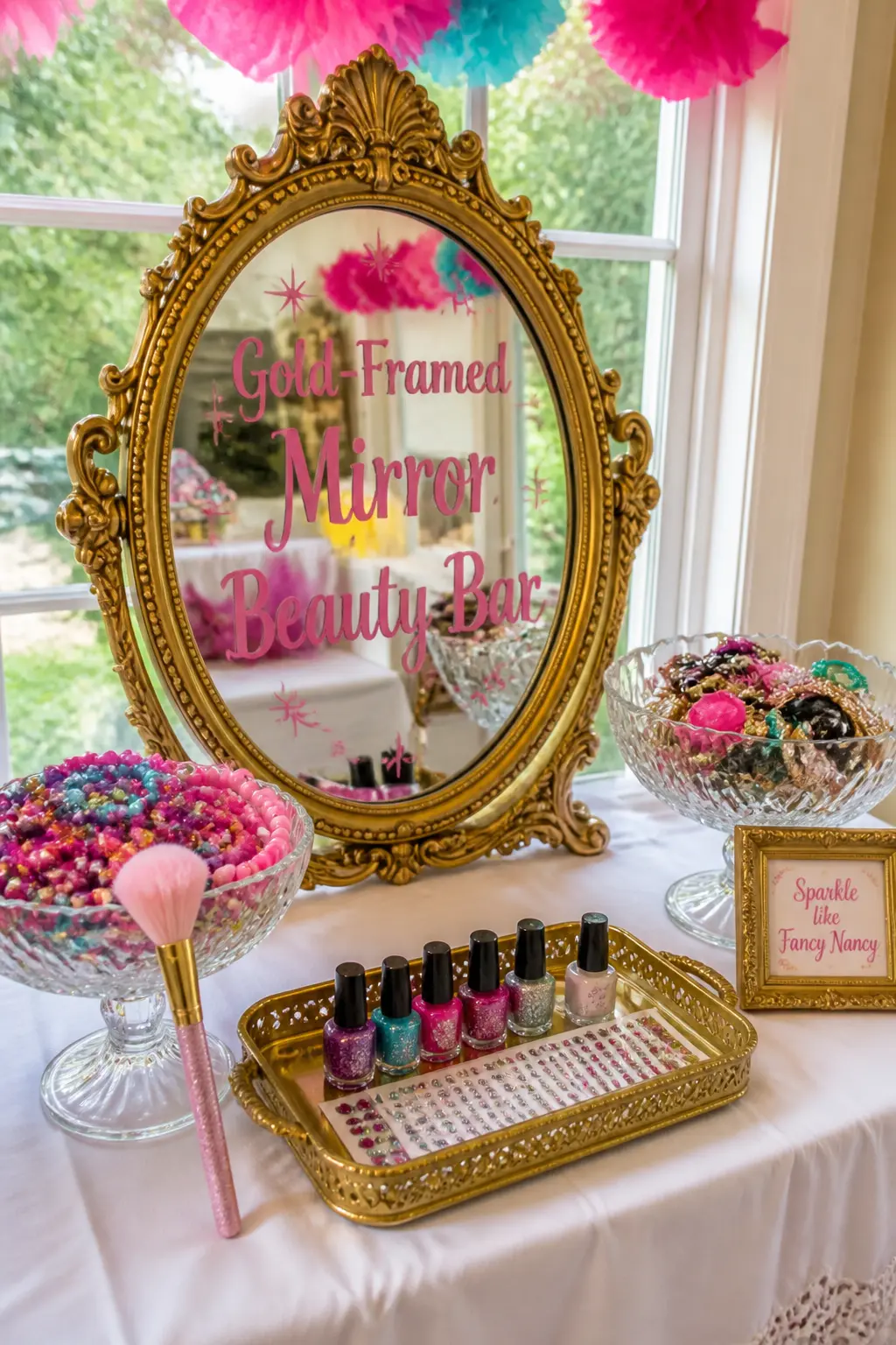 Gold-Framed Mirror Beauty Bar — A large ornate gold-framed mirror propped on a white-clothed table anchors the beauty bar and gives every guest a place to