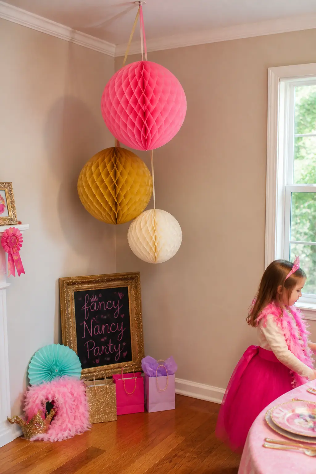 Honeycomb Tissue Ball Cluster — Honeycomb tissue balls in three sizes clustered together and hung at different heights from a single ceiling hook make a corner