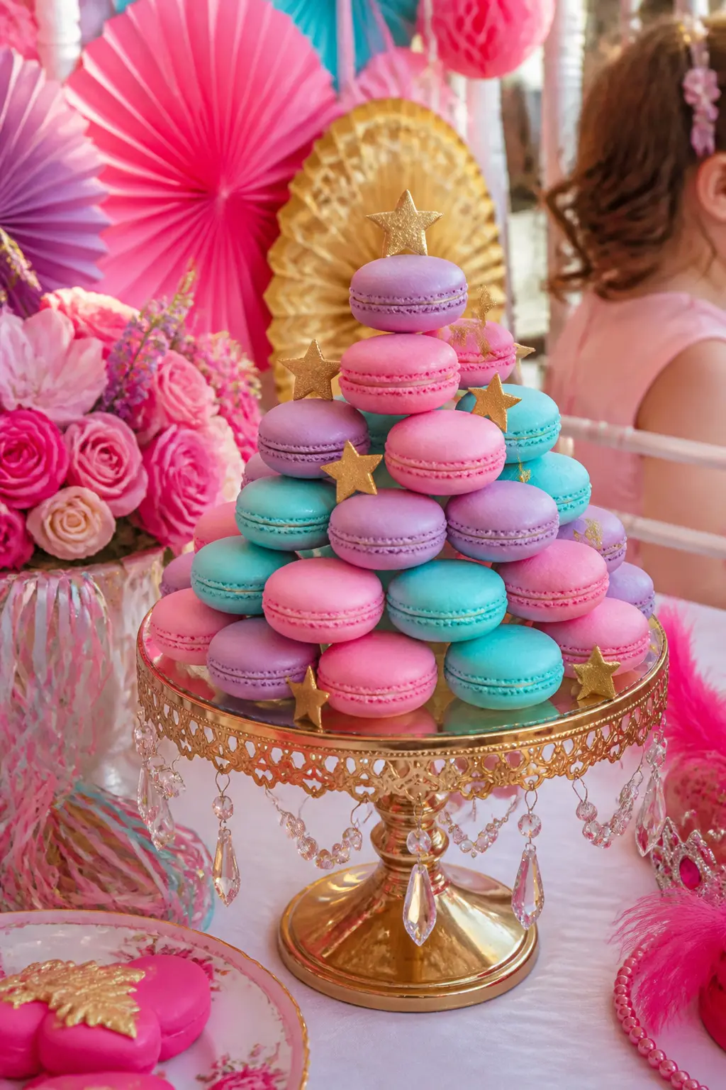 Macaroon Tower on a Gold Stand — A pyramid of pink, lavender and aqua macaroons built on a tiered gold stand adds height to the sweet table without requiring