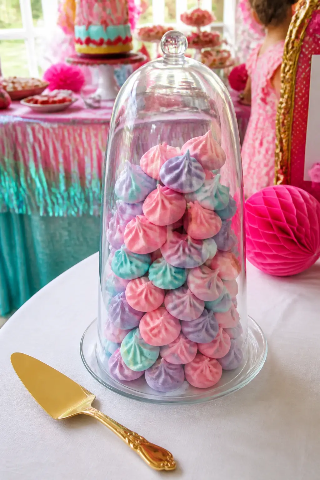 Meringue Kiss Tower in a Glass Cloche — Pile pink and white meringue kisses inside a glass cloche or a tall glass cylinder for a sweet table element that looks