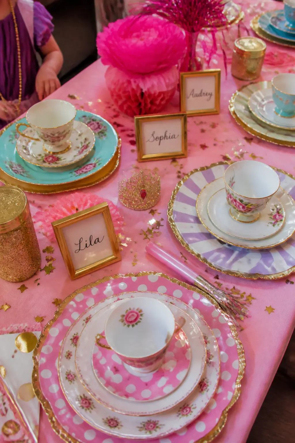 Mismatched Vintage-Style Place Settings — Pull together plates, cups and small jugs from different patterns (roses, polka dots, stripes) and arrange one per