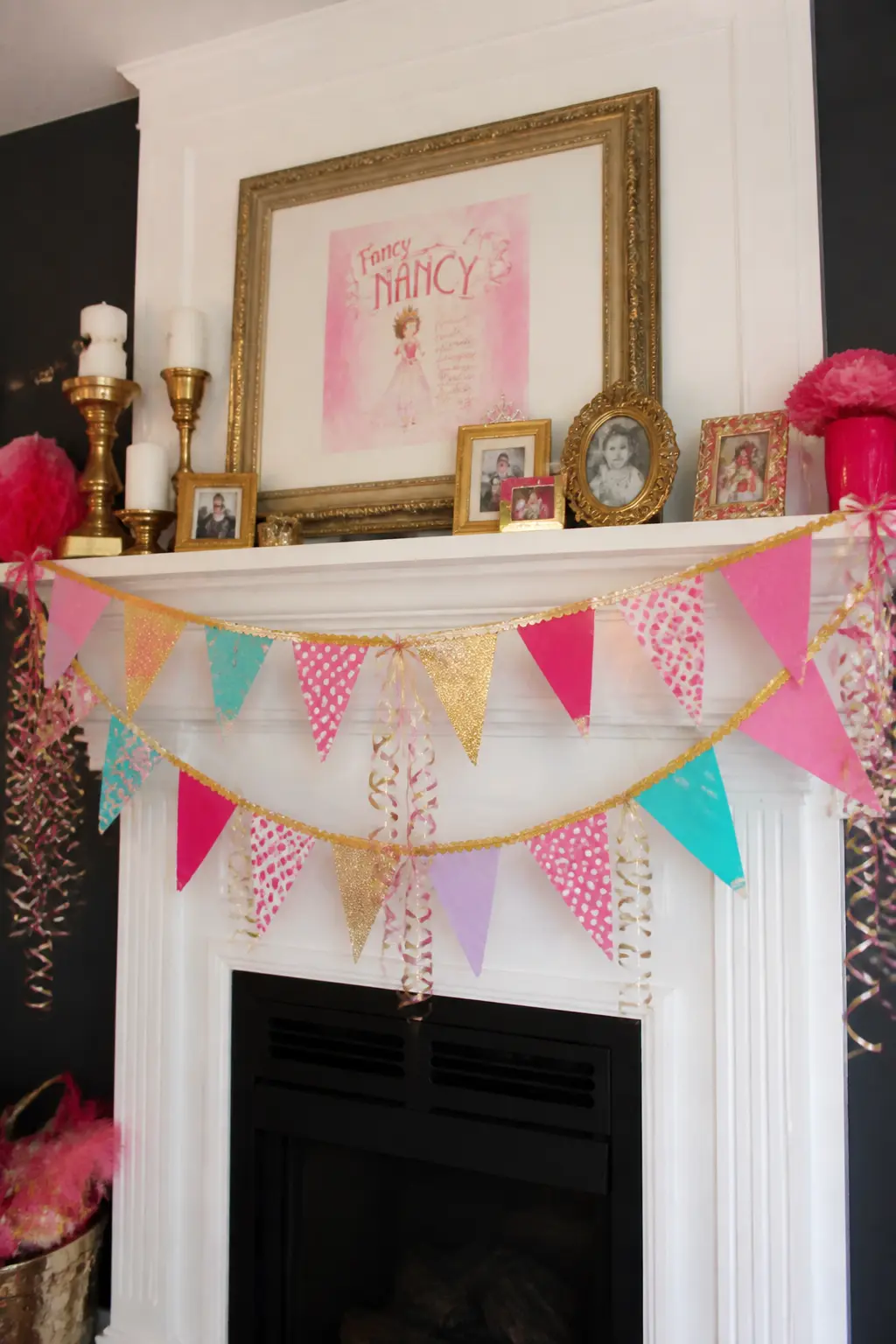 Pennant Bunting Across the Mantel — A double row of multicolour fabric or felt pennants draped across a fireplace mantel costs almost nothing and photographs