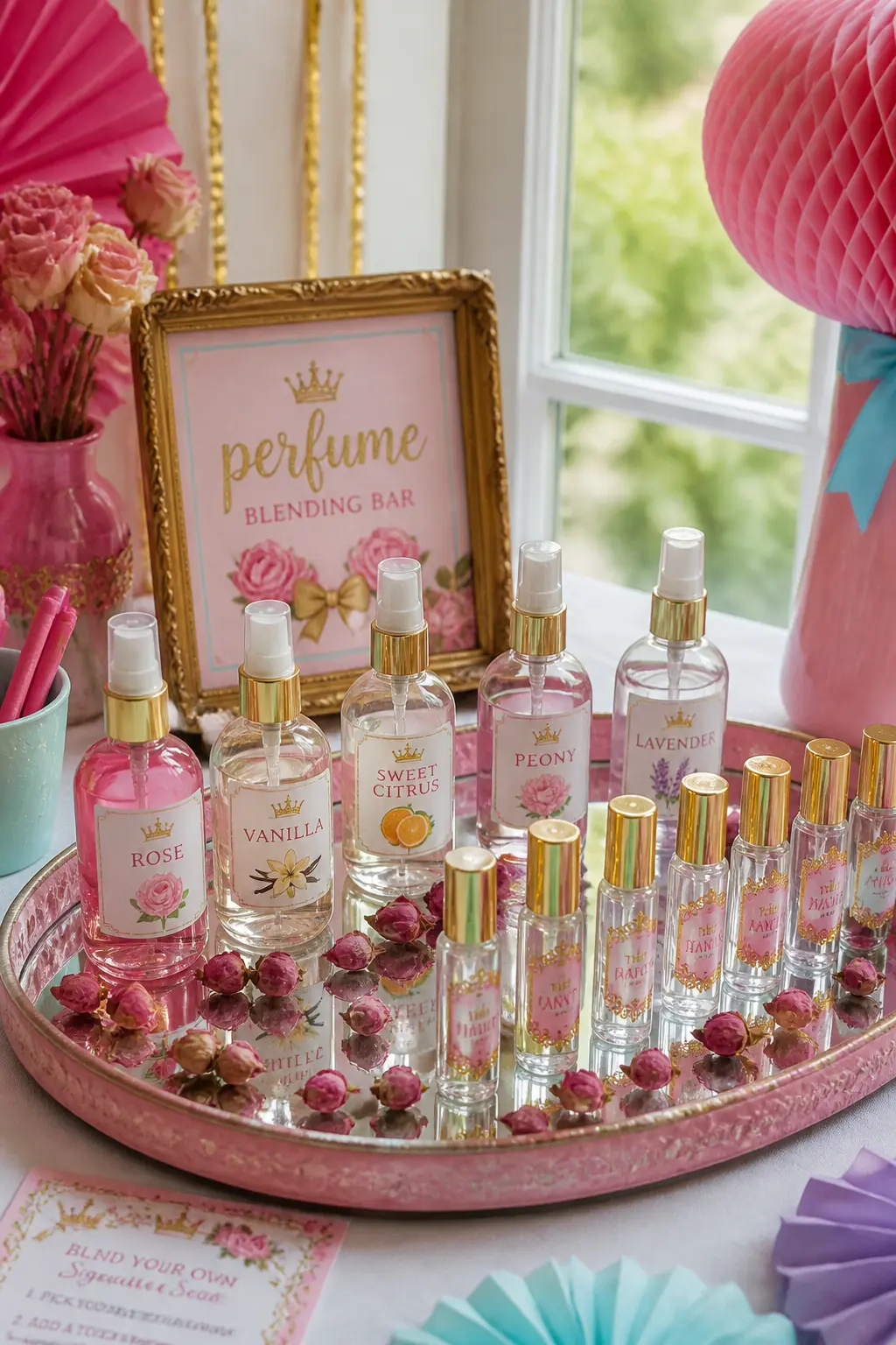 Perfume Blending Bar — Fill four or five small spray bottles with diluted, child-safe fragrance mists (rose, vanilla, lavender and a citrus) and label each