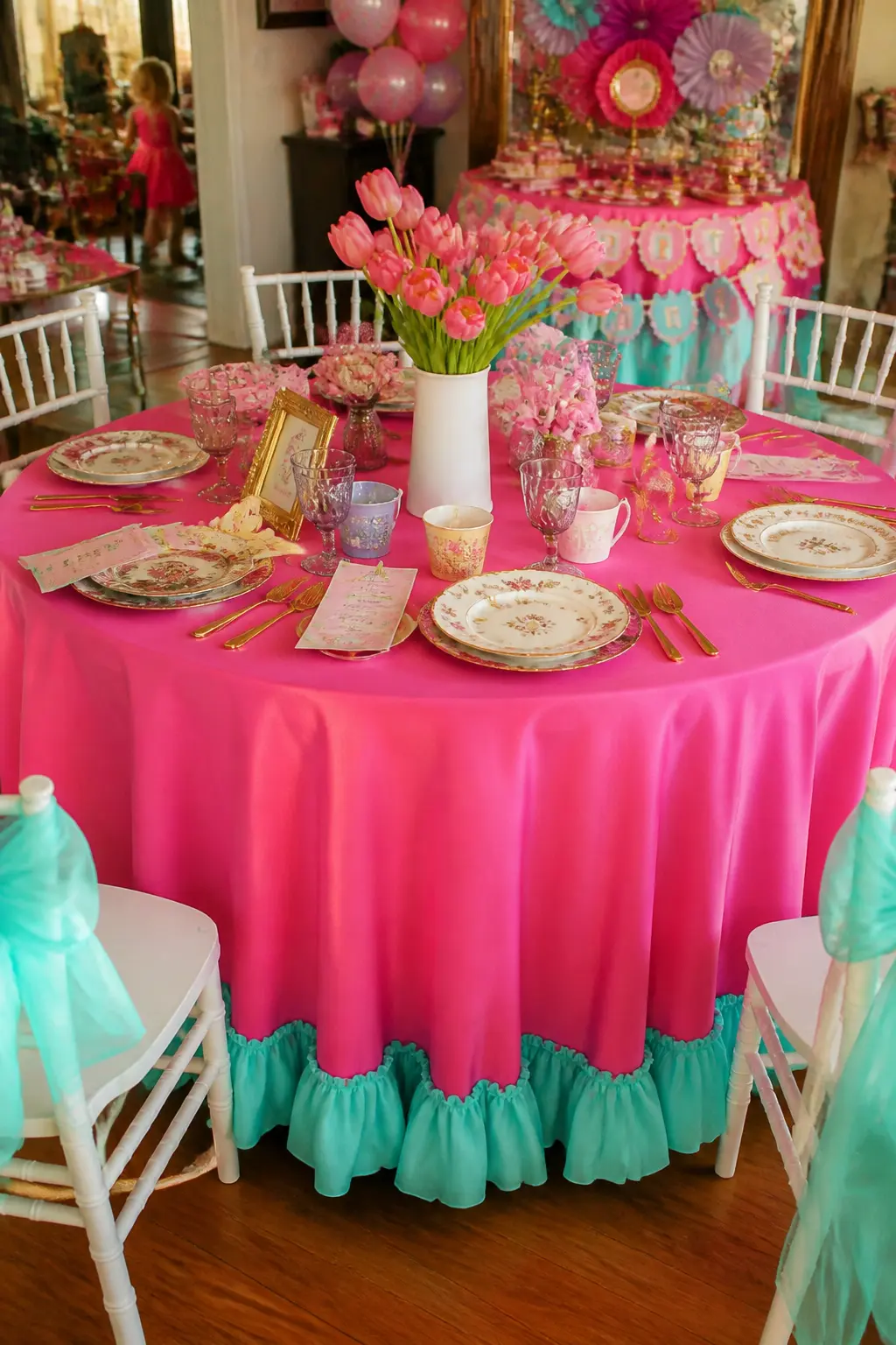 Pink Tablecloth with Ruffle Trim — A solid hot-pink tablecloth finished with a gathered ruffle at the hem in a contrasting aqua or white gives the party table