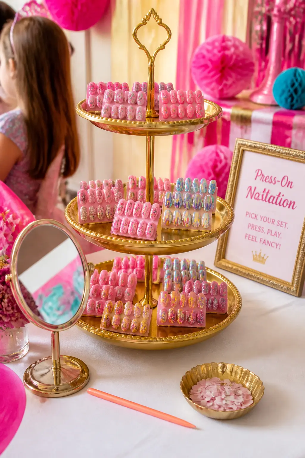 Press-On Nail Station — Lay out a selection of child-sized press-on nails in pink, holographic glitter and floral prints alongside an orange stick, a small