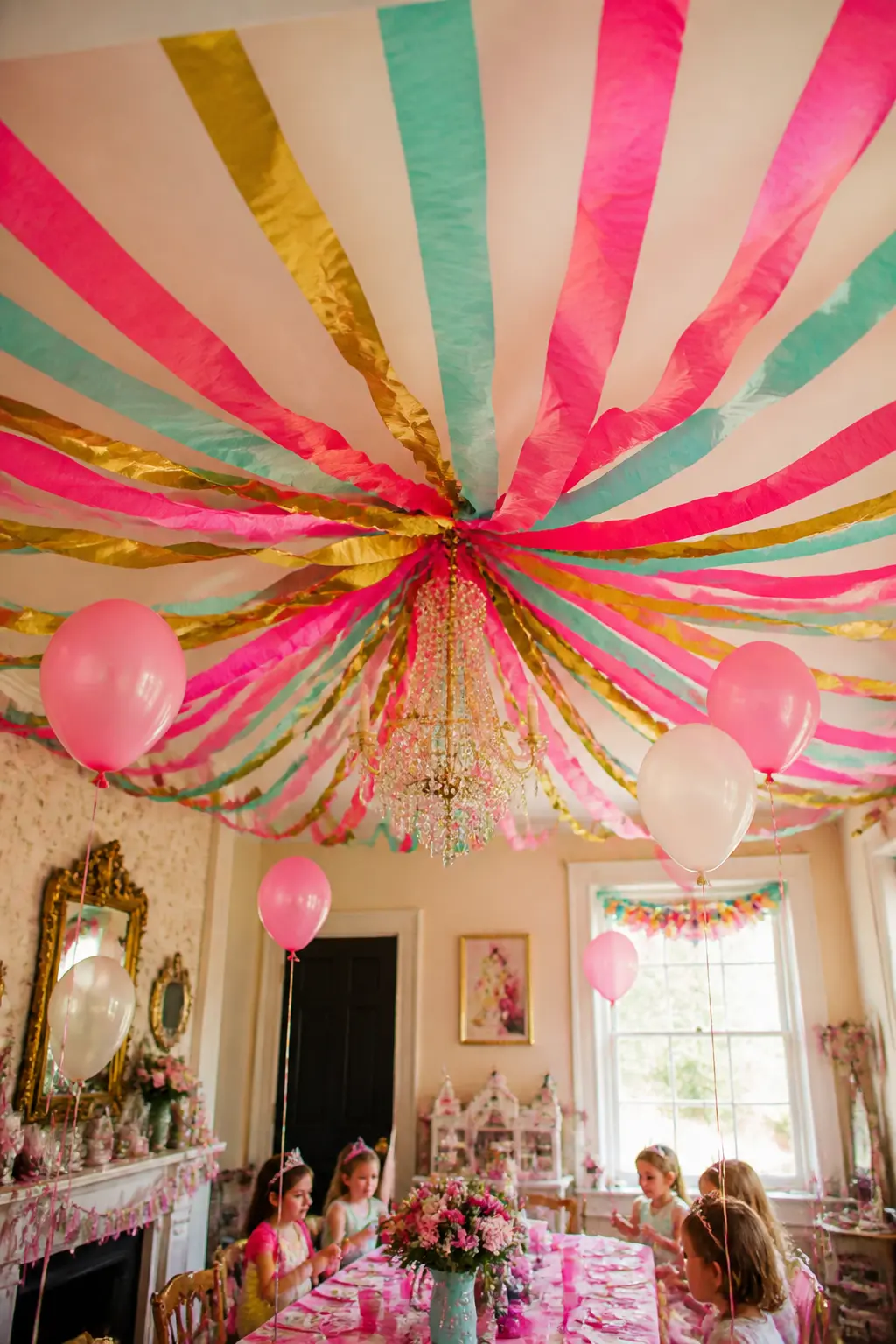 Rainbow Crepe Swag Ceiling — Twist two or three rolls of crepe paper in contrasting colours together before you hang them, so each swag reads as a rope of