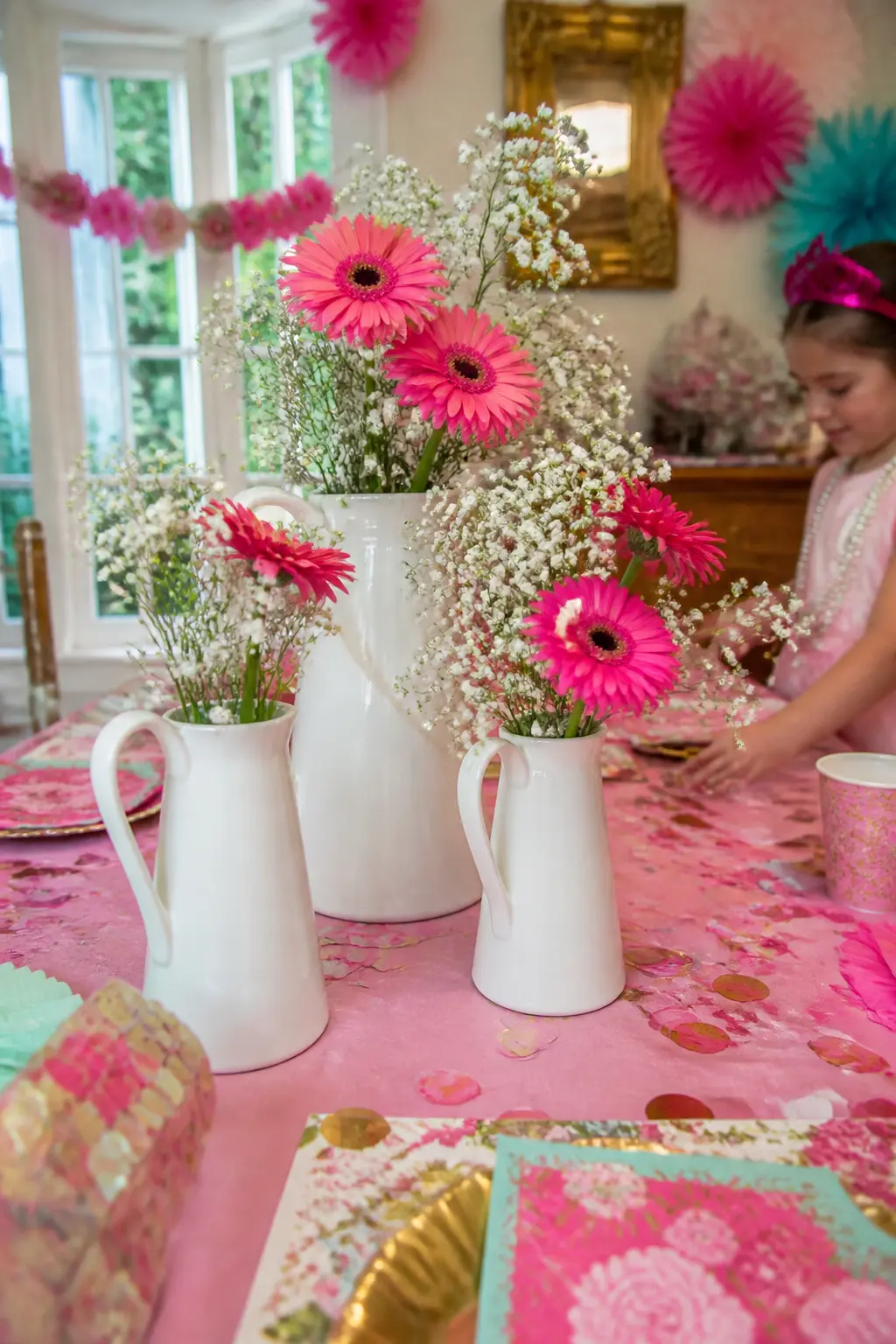 Tall Tulip Centrepiece in a White Jug — A simple white ceramic jug filled with hot-pink tulips or gerbera daisies gives the table one tall centrepiece that