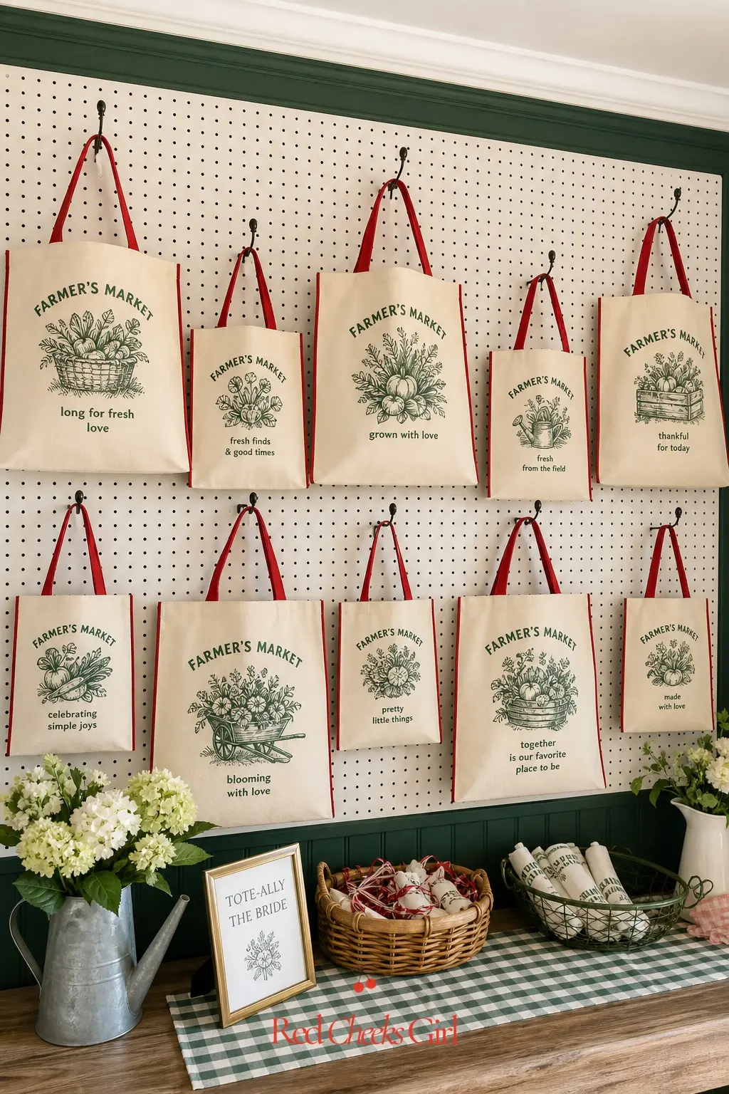 Canvas Market Tote Display Wall — Hanging a row of totes on a pegboard wall solves two problems at once: it is decor while the shower runs, and it is the favor