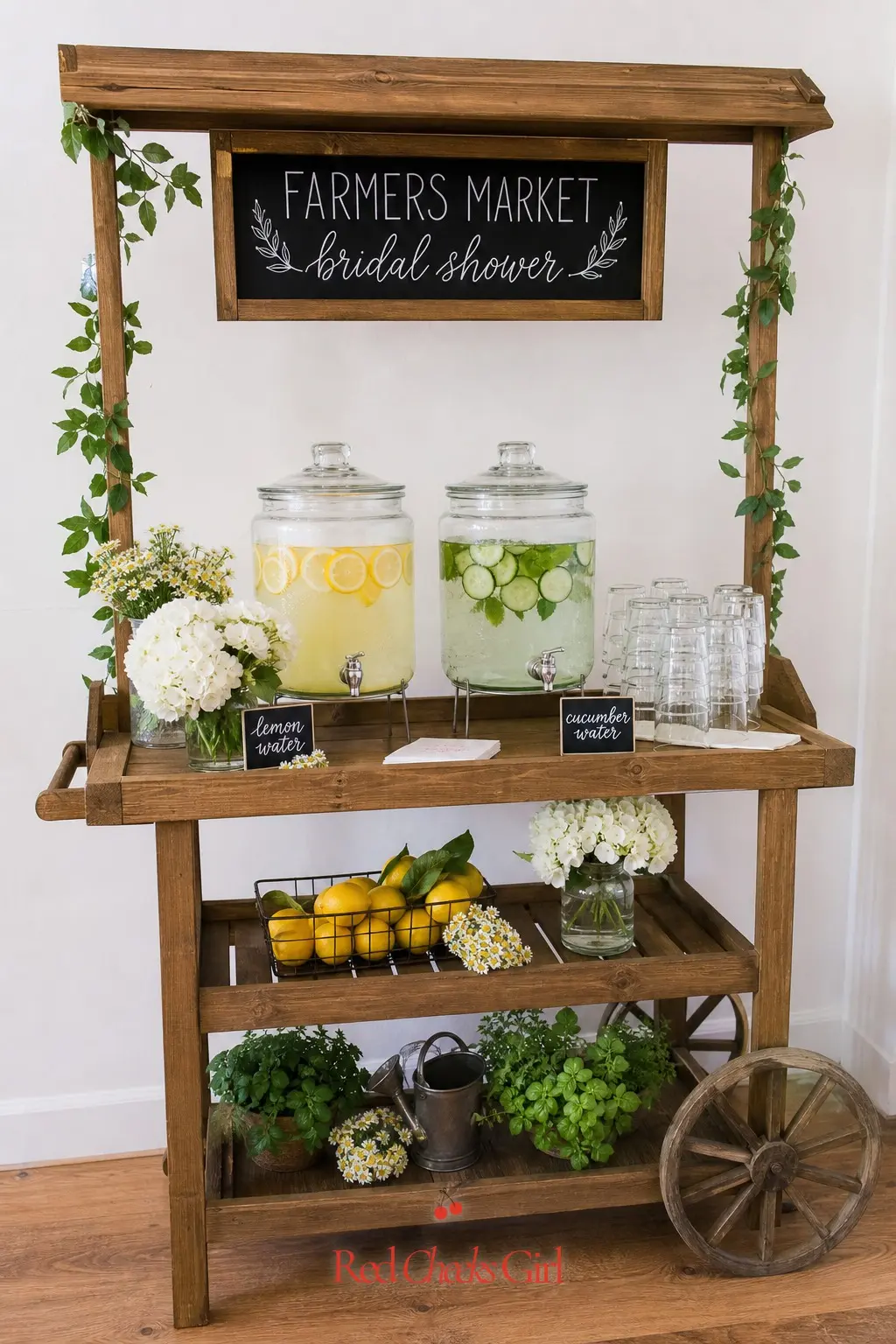Citrus Infused Water Cart — A small bar cart doing double duty as a drink station keeps the theme going without a full bartending setup. Farmers market bridal