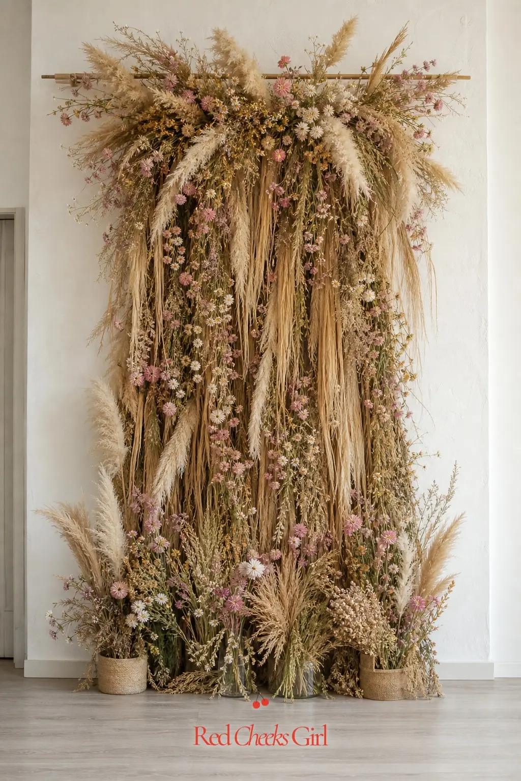 Dried Wildflower and Wheat Wall Backdrop — For a softer alternative to the crate wall, a dried arrangement in dusty pink and cream with golden wheat woven