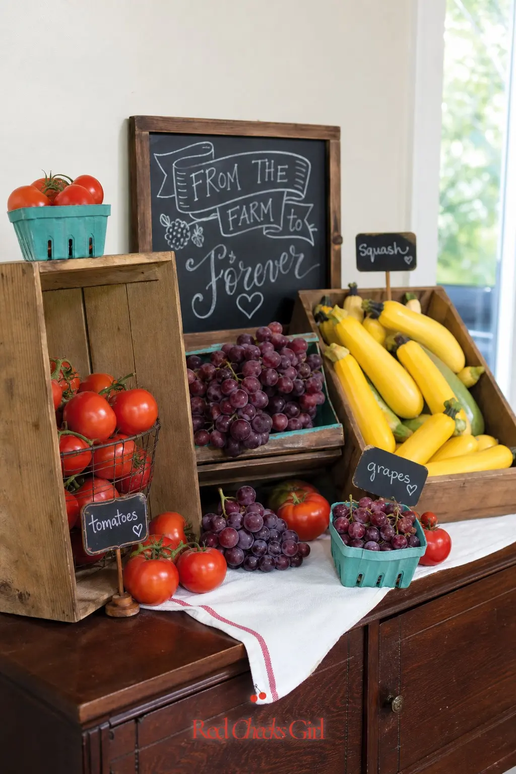 Farm Stand Fruit and Vegetable Crate Display — The colors for this theme should reflect the natural beauty of a farmers market, with pops of fresh produce