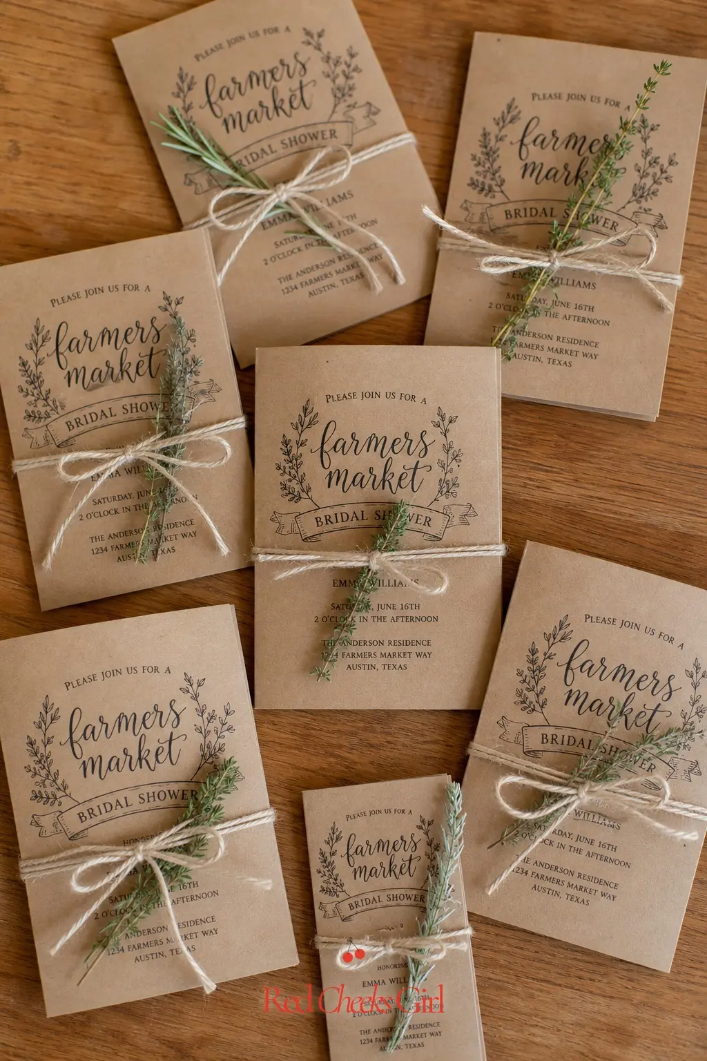 Farmers Market Invitation Suite Flatlay — Securing each invitation with twine or tucking in a sprig of dried herbs is simple, elegant and completely on theme.
