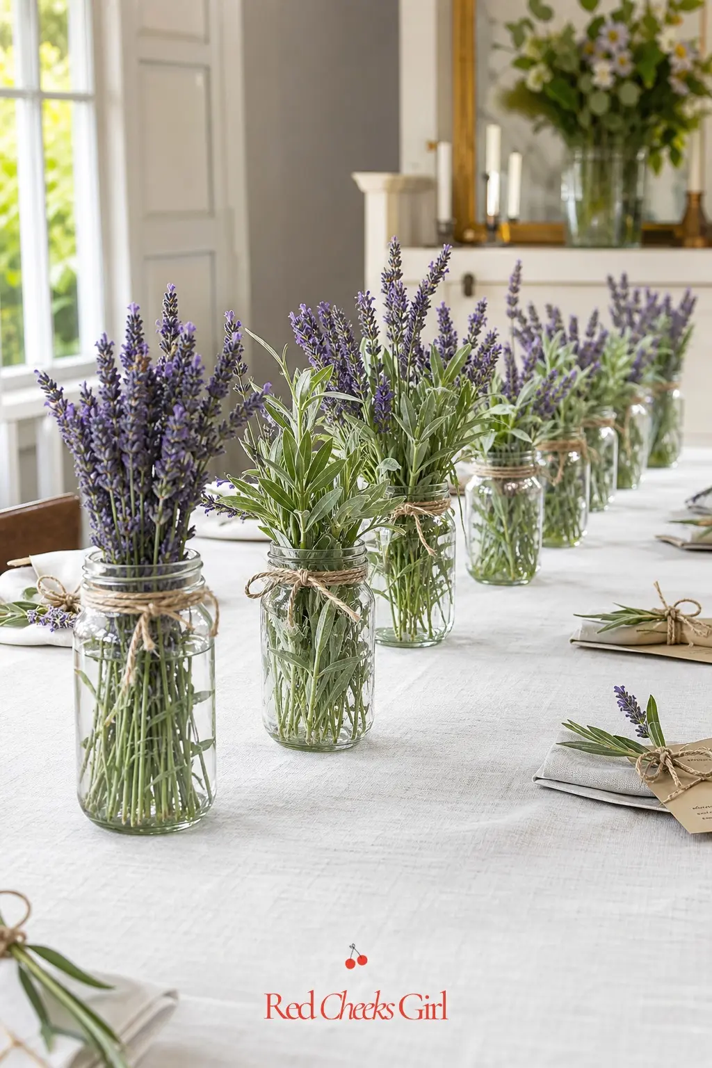 Lavender and Sage Mason Jar Runner — Mason jar vases of wildflowers and herbs at each table are one of the easiest ways to build a runner without a florist.