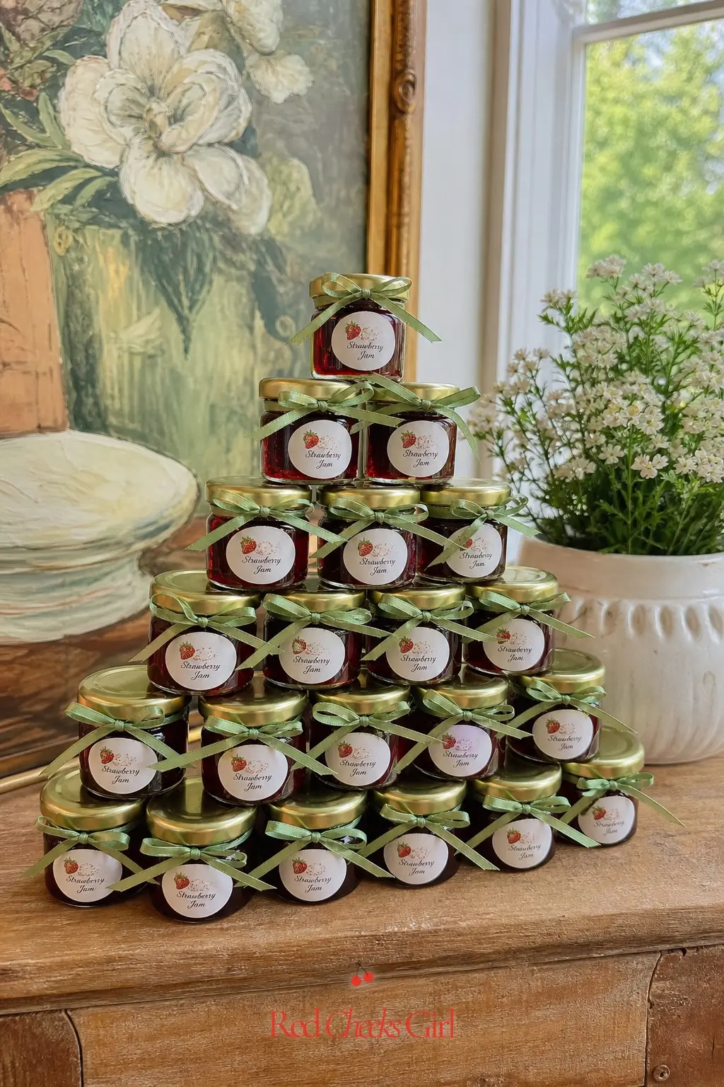 Mini Preserve Jar Favor Pyramid — Stacking small jam jars into a low pyramid on a shelf turns a simple favor table into a small display worth photographing.