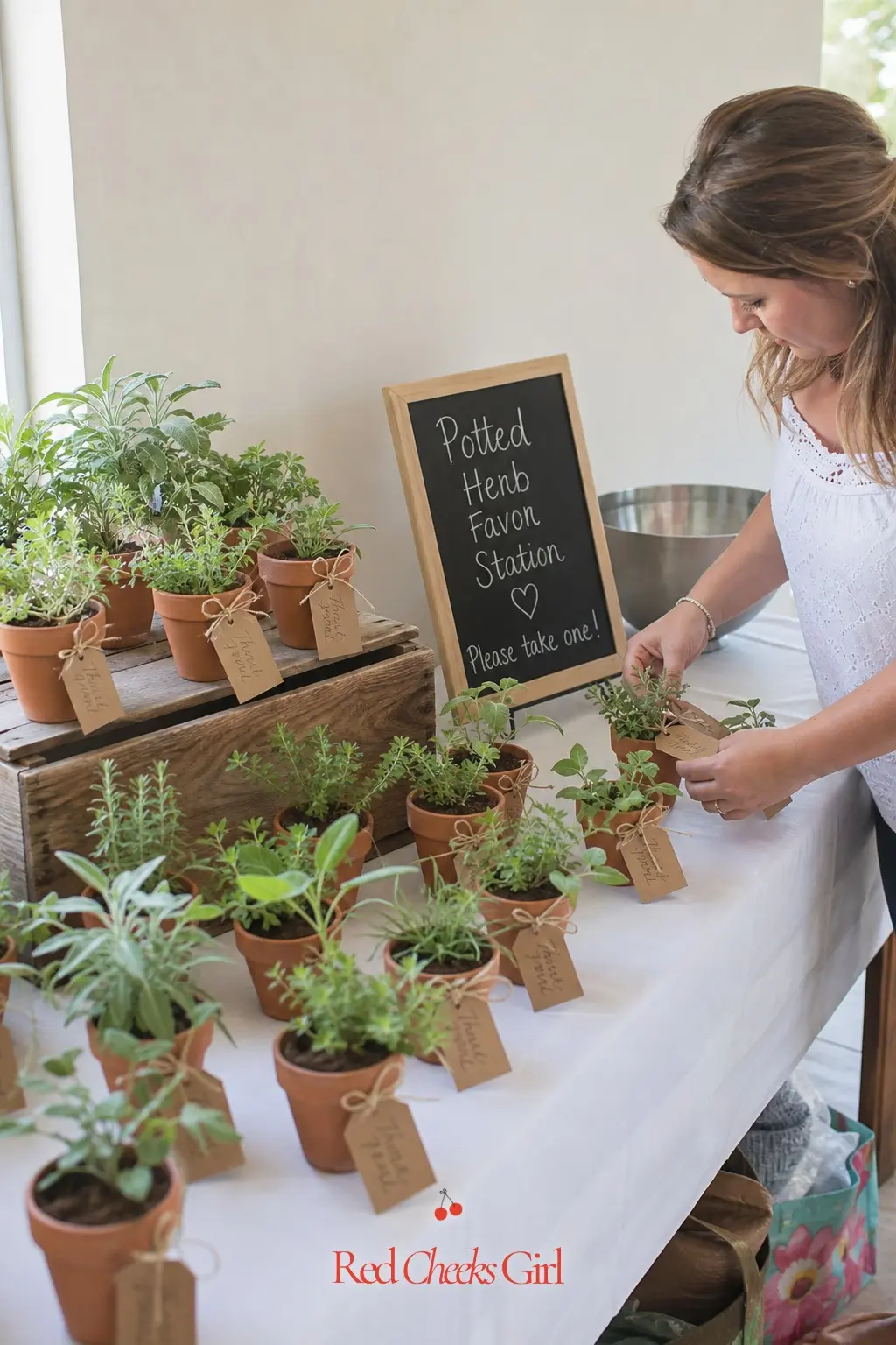 Potted Herb Favor Station — A gift that keeps on growing, like potted herbs, seed packets or succulent cuttings, gives guests plantable favors that let them