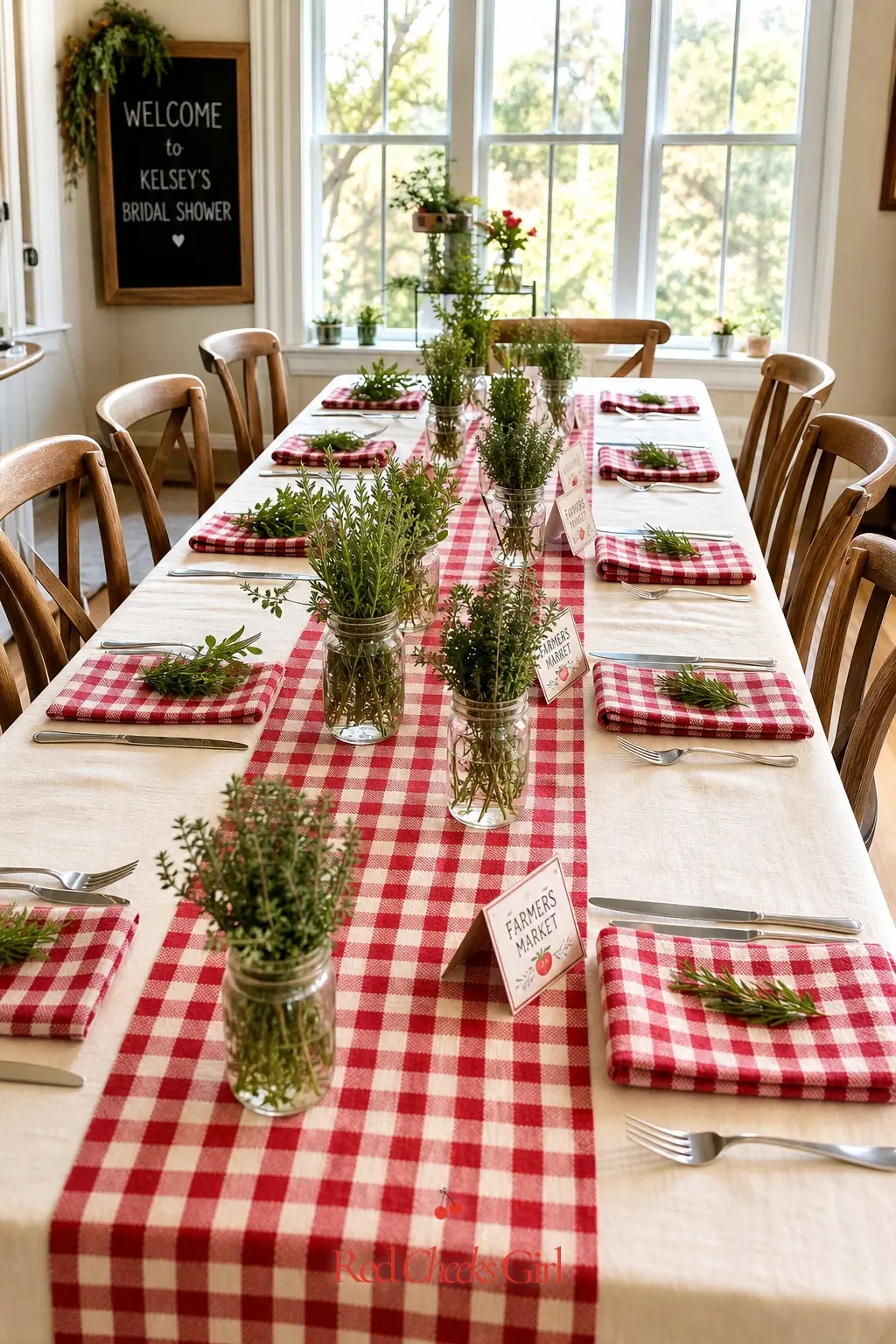 Red Gingham Farm Table Runner Setting — Burlap or linen runners over white or cream tablecloths, and checkered napkins tied with twine, are the easiest way to