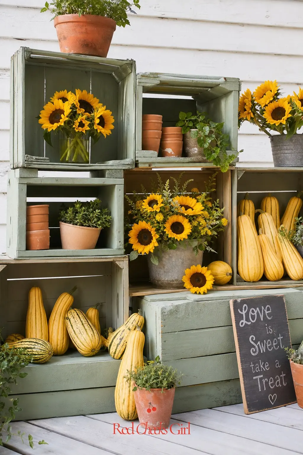 Stacked Wooden Crate Market Stall — A wall of stacked wooden crates behind the gift table does more than any banner could. Farmers market bridal shower theme
