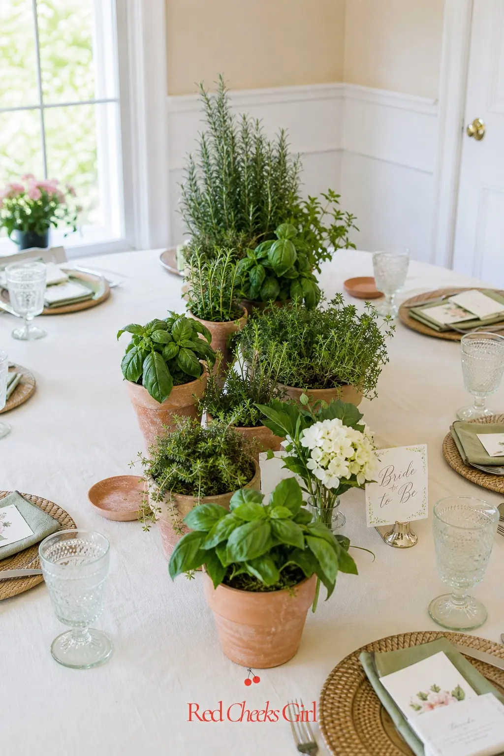 Terracotta Herb Pot Centerpiece Table — Potted small herbs like basil, rosemary and thyme in terracotta pots work as centrepieces that guests can take home as